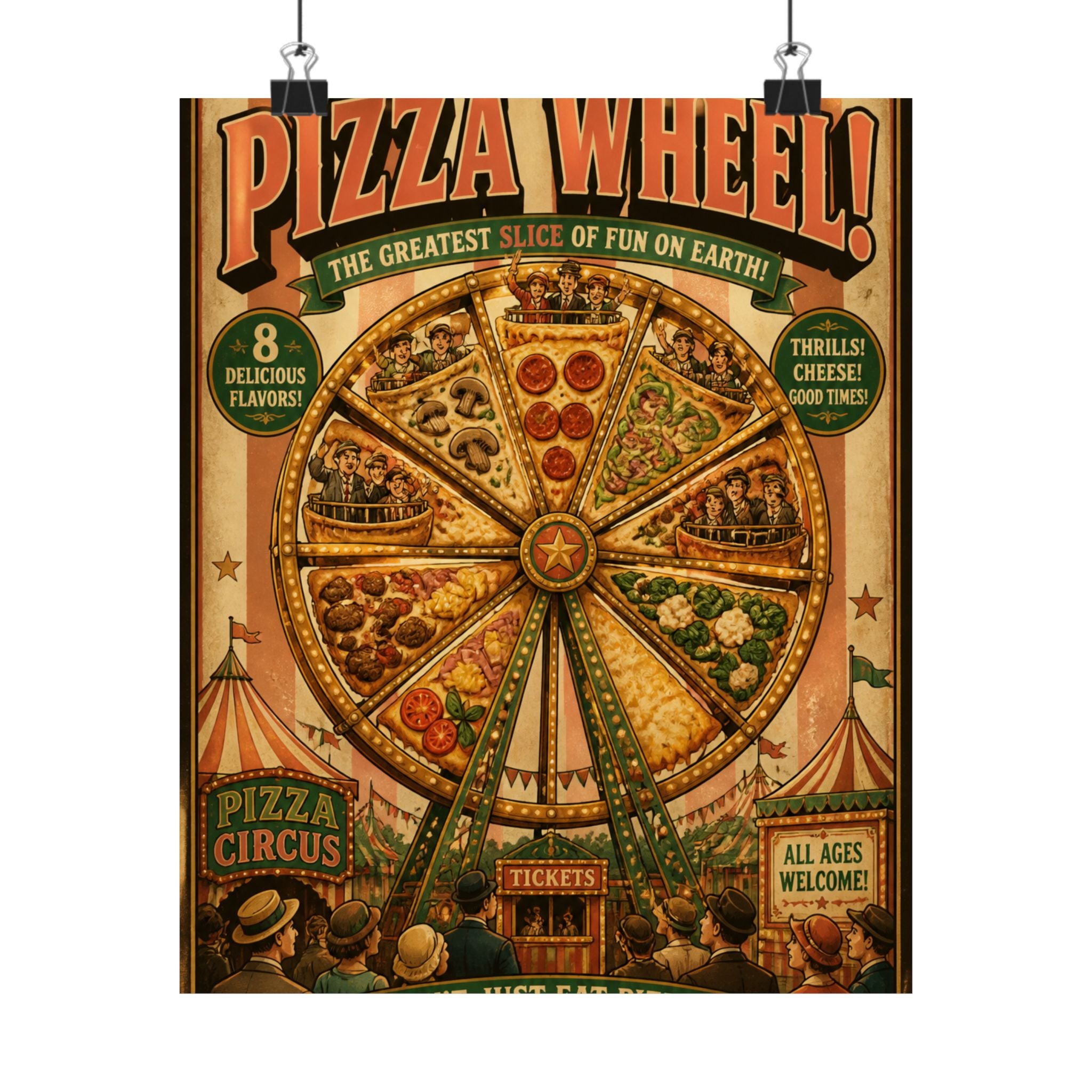 Pizza Ferris Wheel Wall Art Poster 24×36 Vintage Circus Bedroom Decor Maximalist Print