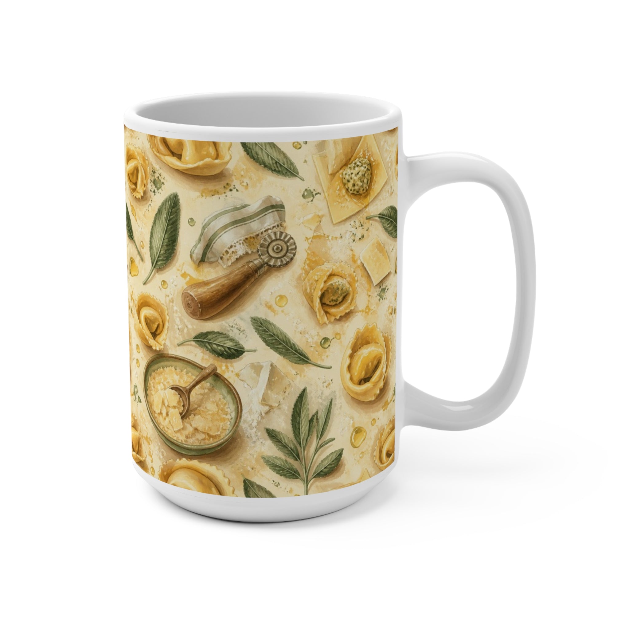 Tortellini with Sage 15oz Ceramic Mug Mediterranean Kitchen Watercolor Splash Design Italian Cottagecore Gift