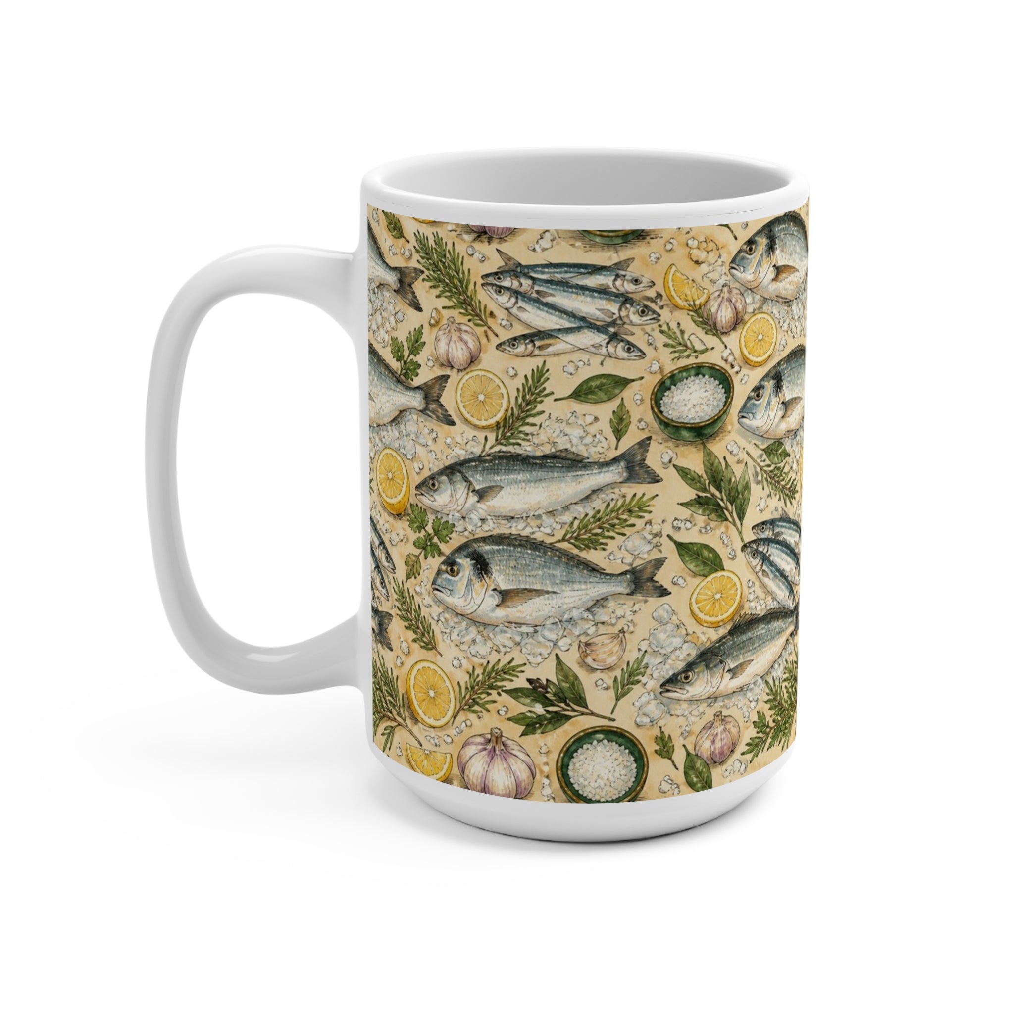 Mediterranean Fish 15oz Ceramic Mug Mediterranean Kitchen Watercolor Design Italian Cottagecore Gift