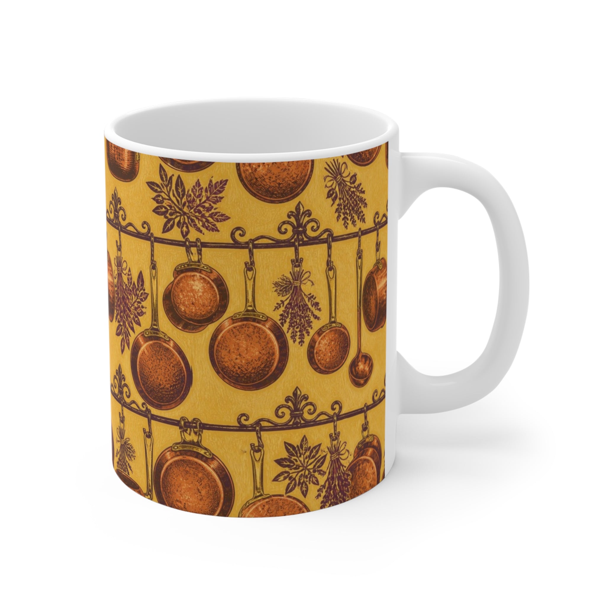 Copper Cookware 11oz Ceramic Mug Mediterranean Kitchen Linocut Design Italian Cottagecore Gift
