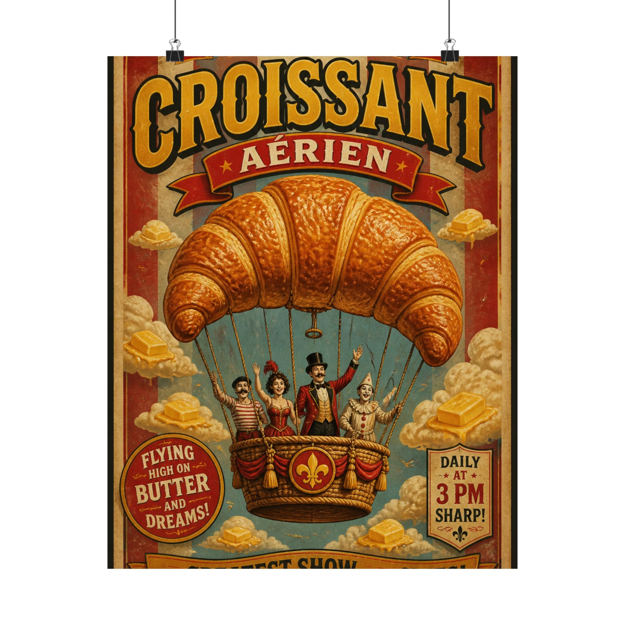 Croissant Hot Air Balloon Wall Art Poster 18×24 Vintage Circus Kitchen Decor Maximalist Print