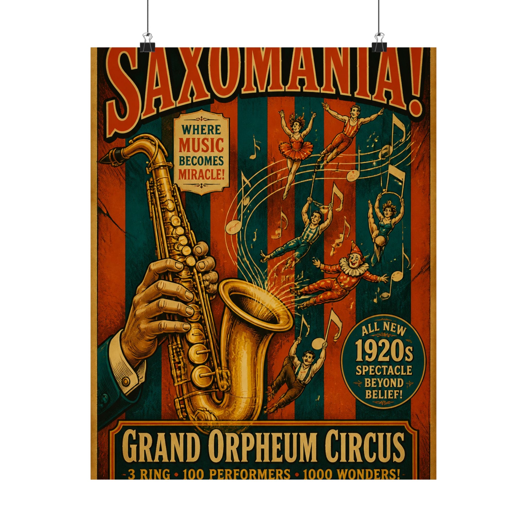 Saxophone Music Circus Wall Art Poster 18×24 Vintage Circus Kitchen Decor Maximalist Print