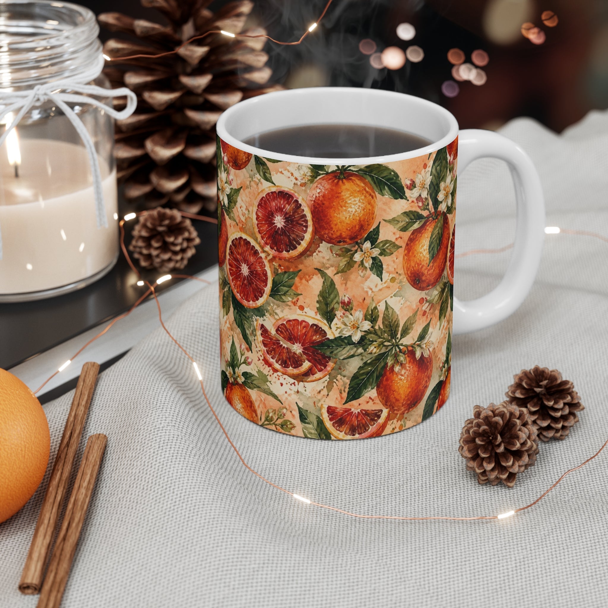 Blood Oranges 11oz Ceramic Mug Mediterranean Kitchen Watercolor Splash Design Italian Cottagecore Gift