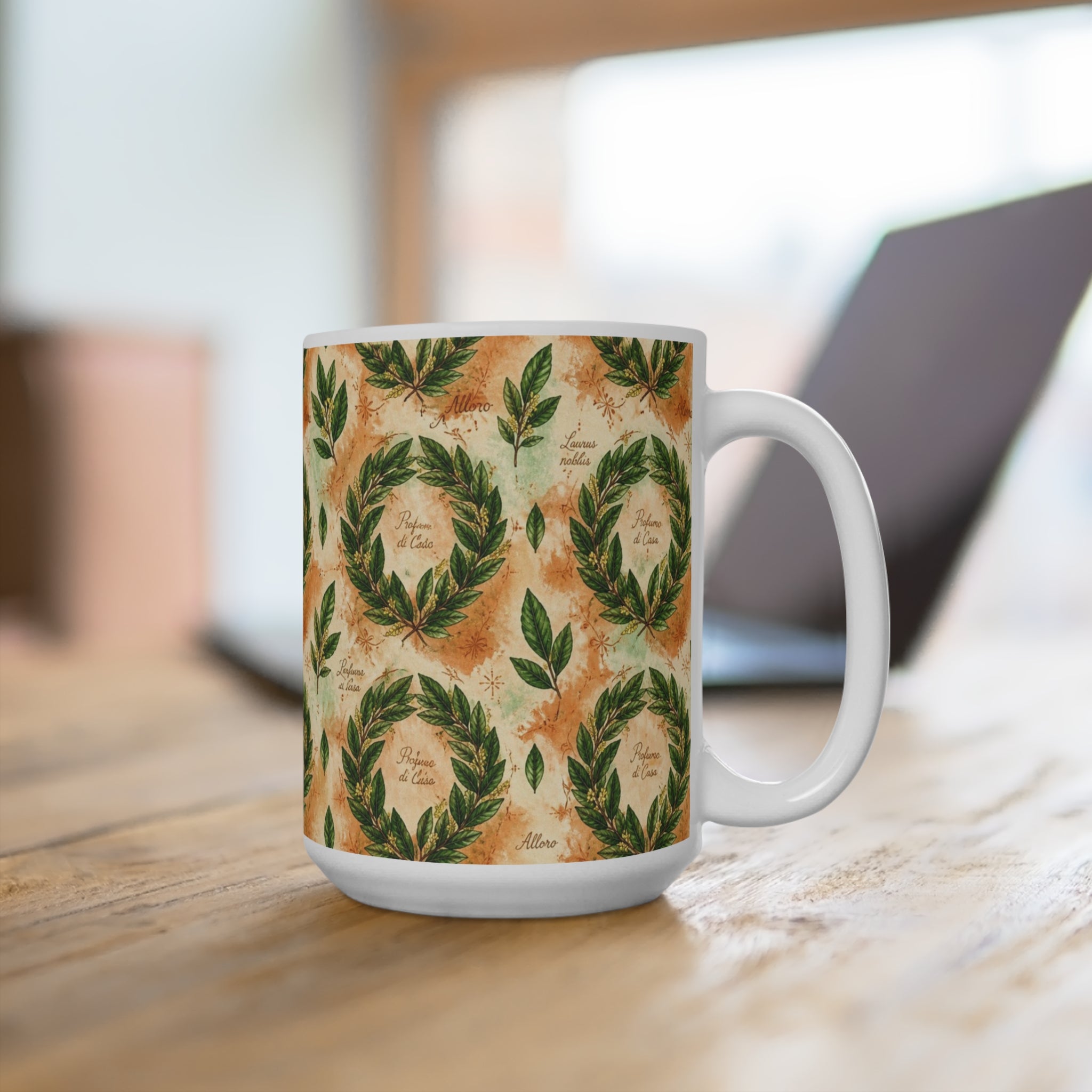 Bay Laurel Wreath 15oz Ceramic Mug Mediterranean Kitchen Watercolor Design Italian Cottagecore Gift