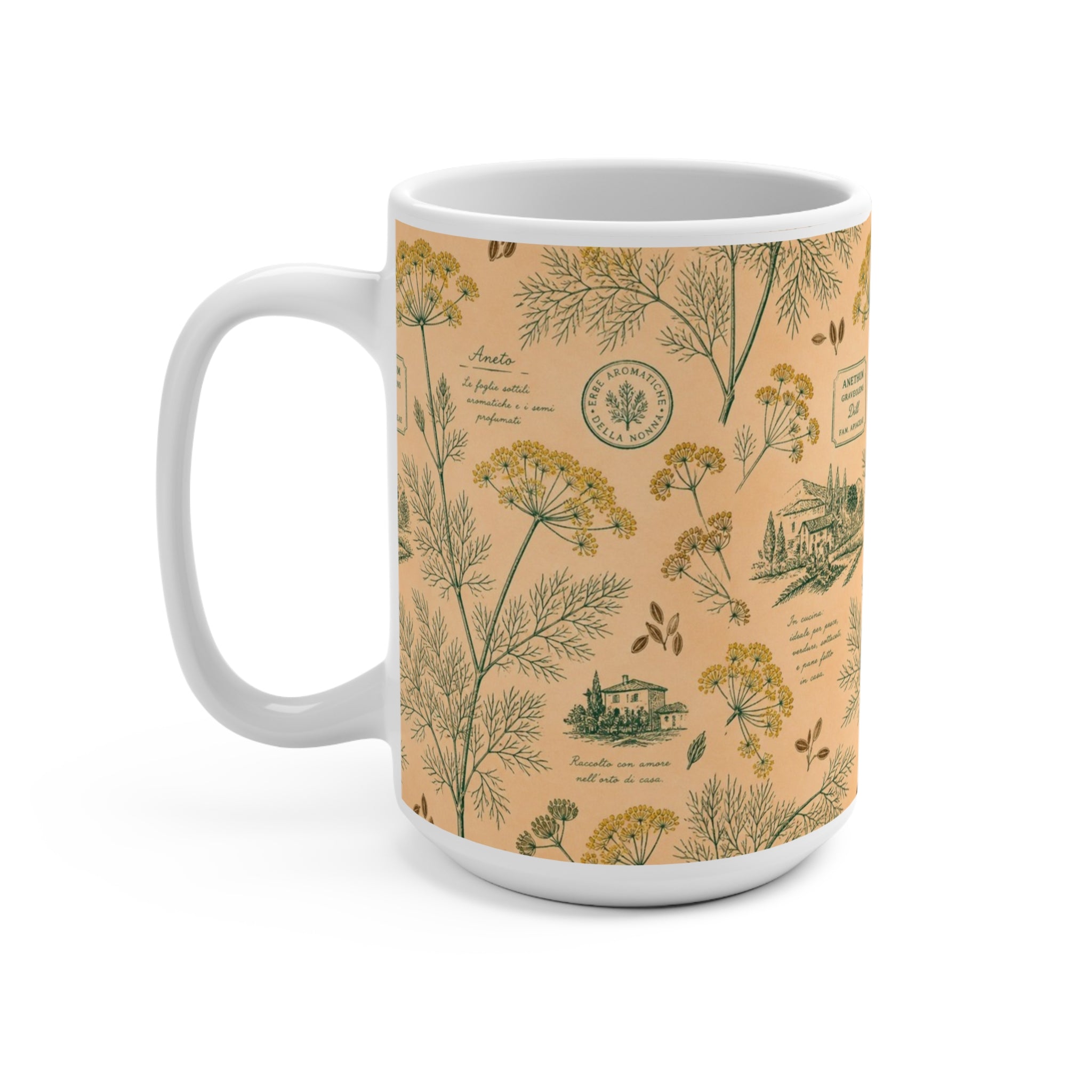 Dill Fronds 15oz Ceramic Mug Mediterranean Kitchen Botanical Design Italian Cottagecore Gift
