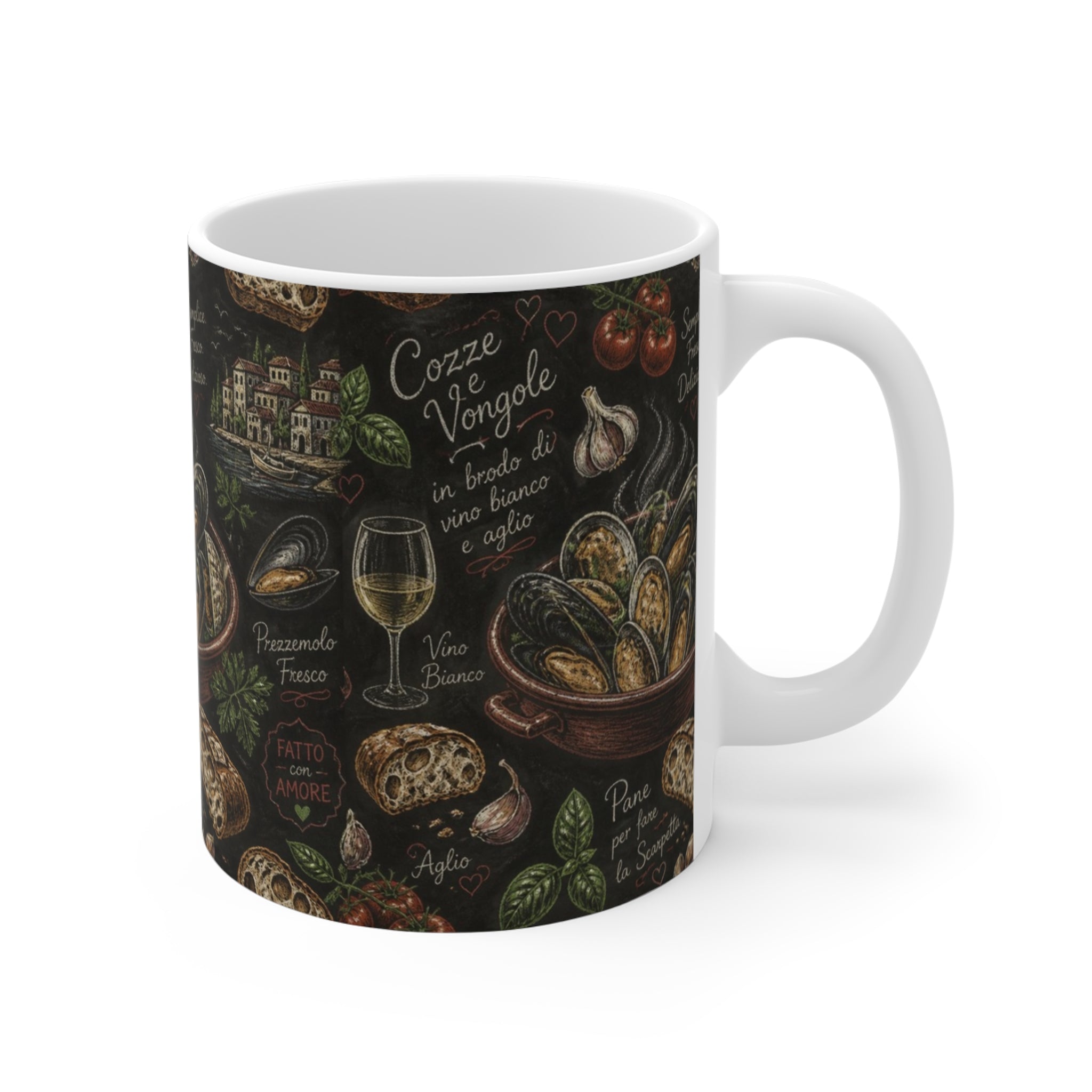 Mussels & Clams 11oz Ceramic Mug Mediterranean Kitchen Chalk Art Design Italian Cottagecore Gift