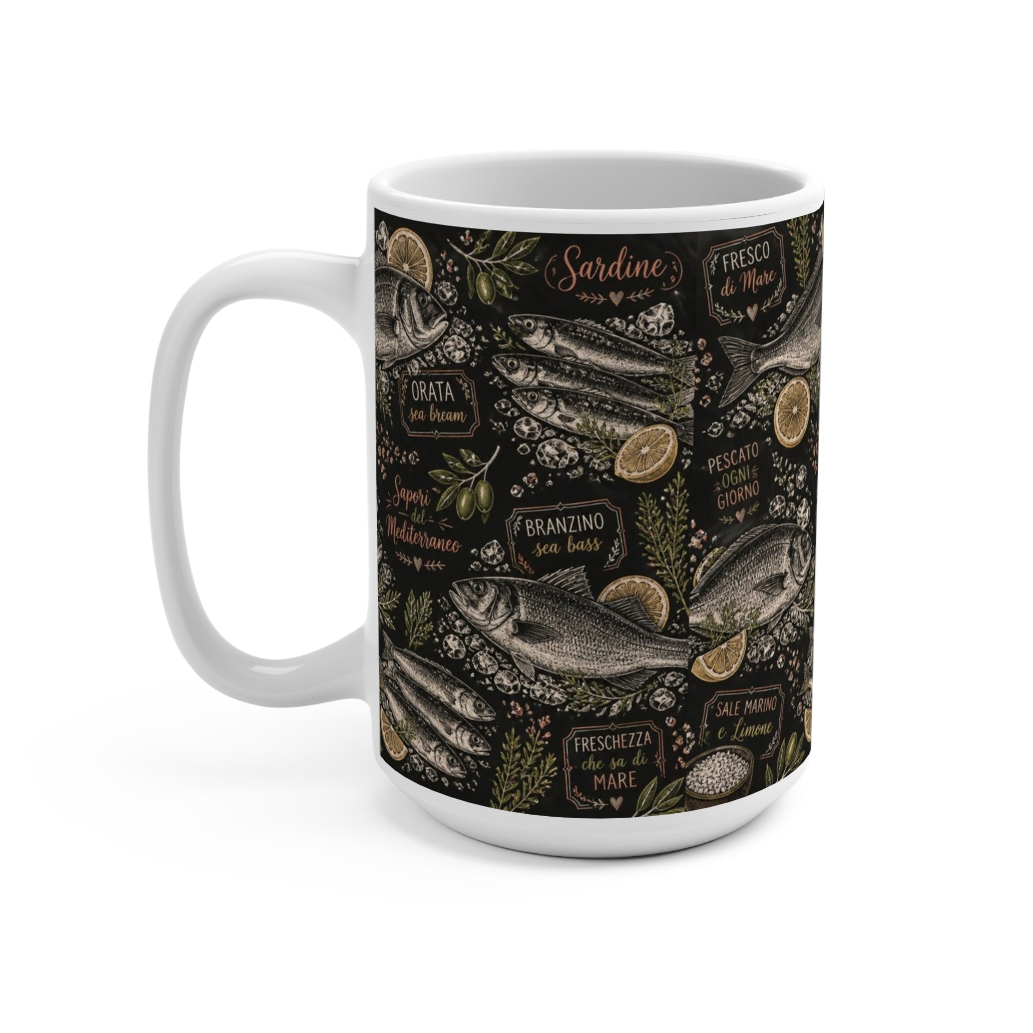 Mediterranean Fish 15oz Ceramic Mug Mediterranean Kitchen Chalk Art Design Italian Cottagecore Gift