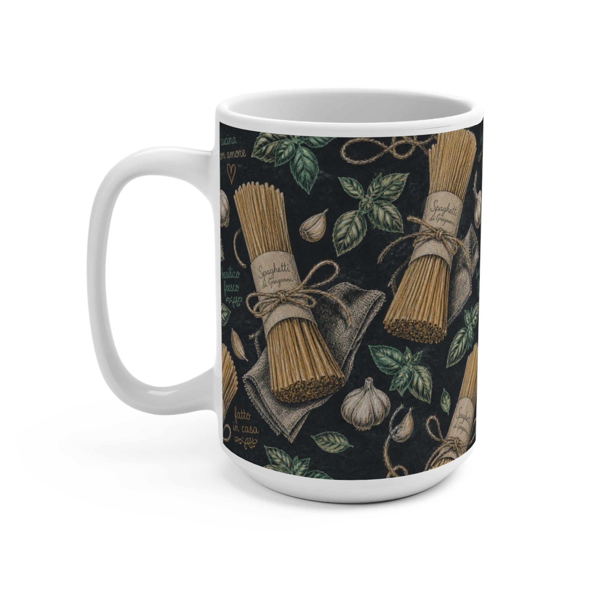 Spaghetti Bundle 15oz Ceramic Mug Mediterranean Kitchen Chalk Art Design Italian Cottagecore Gift
