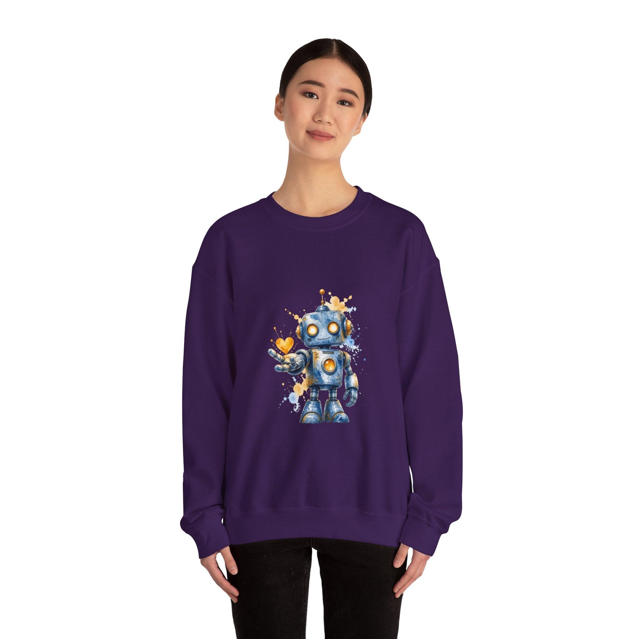 Matching Couple Sweatshirt - Robot & Heart Matching Couple Crewneck Sweatshirt Watercolor Art His Hers Engagement Gift - Design A