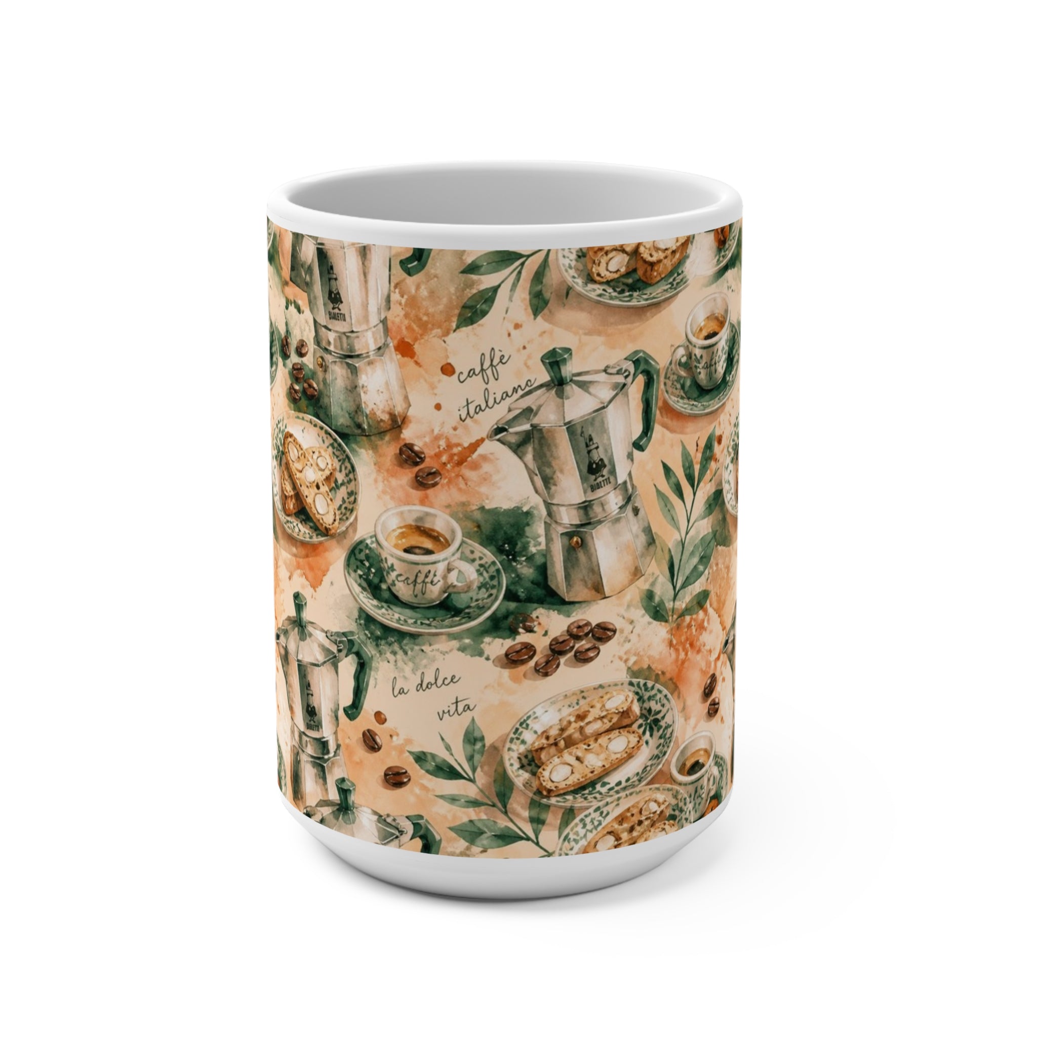 Espresso Moka Pot 15oz Ceramic Mug Mediterranean Kitchen Watercolor Splash Design Italian Cottagecore Gift