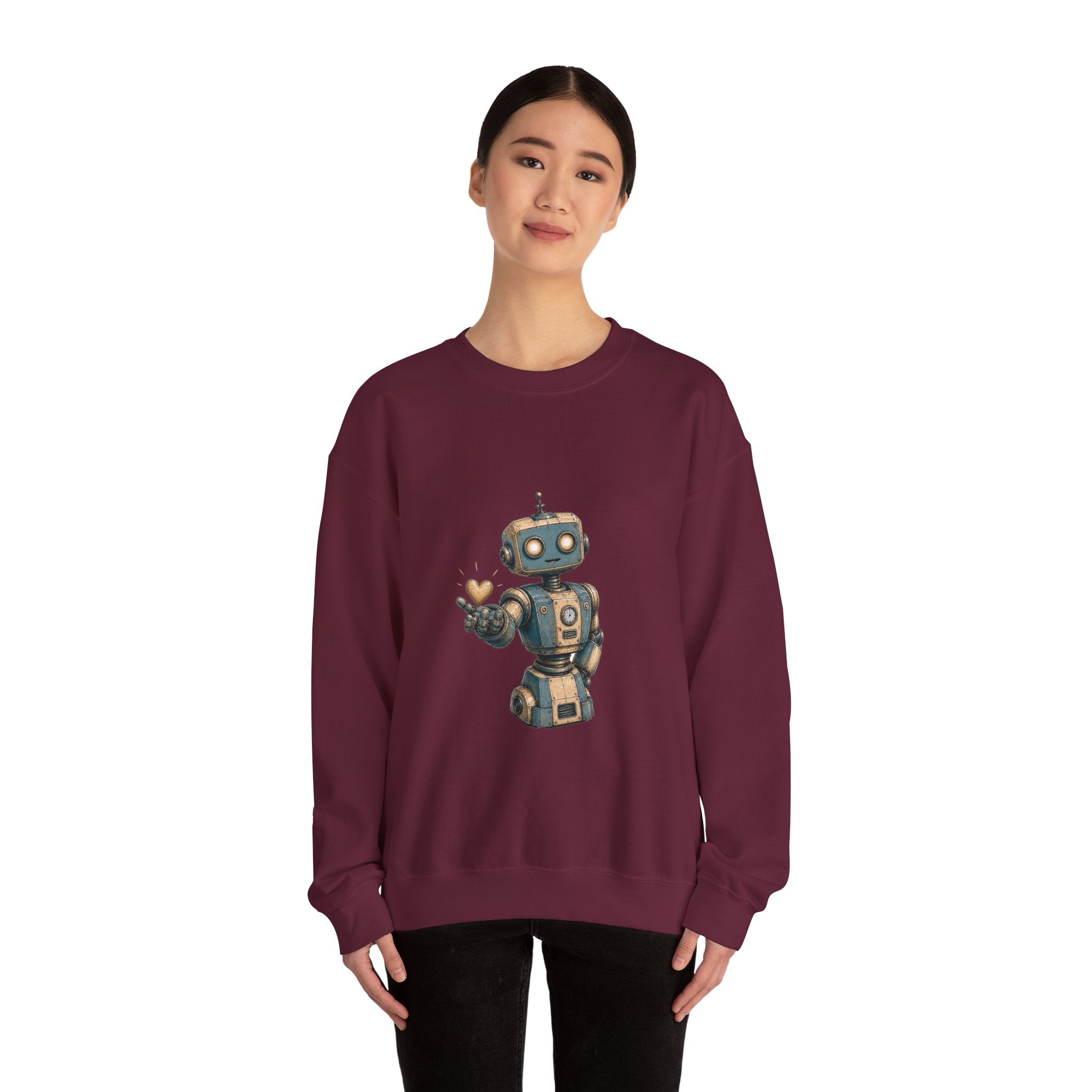 Matching Couple Sweatshirt - Robot & Heart Matching Couple Premium Fleece Sweatshirt Hand-Drawn Art His Hers Anniversary Gift - Design A