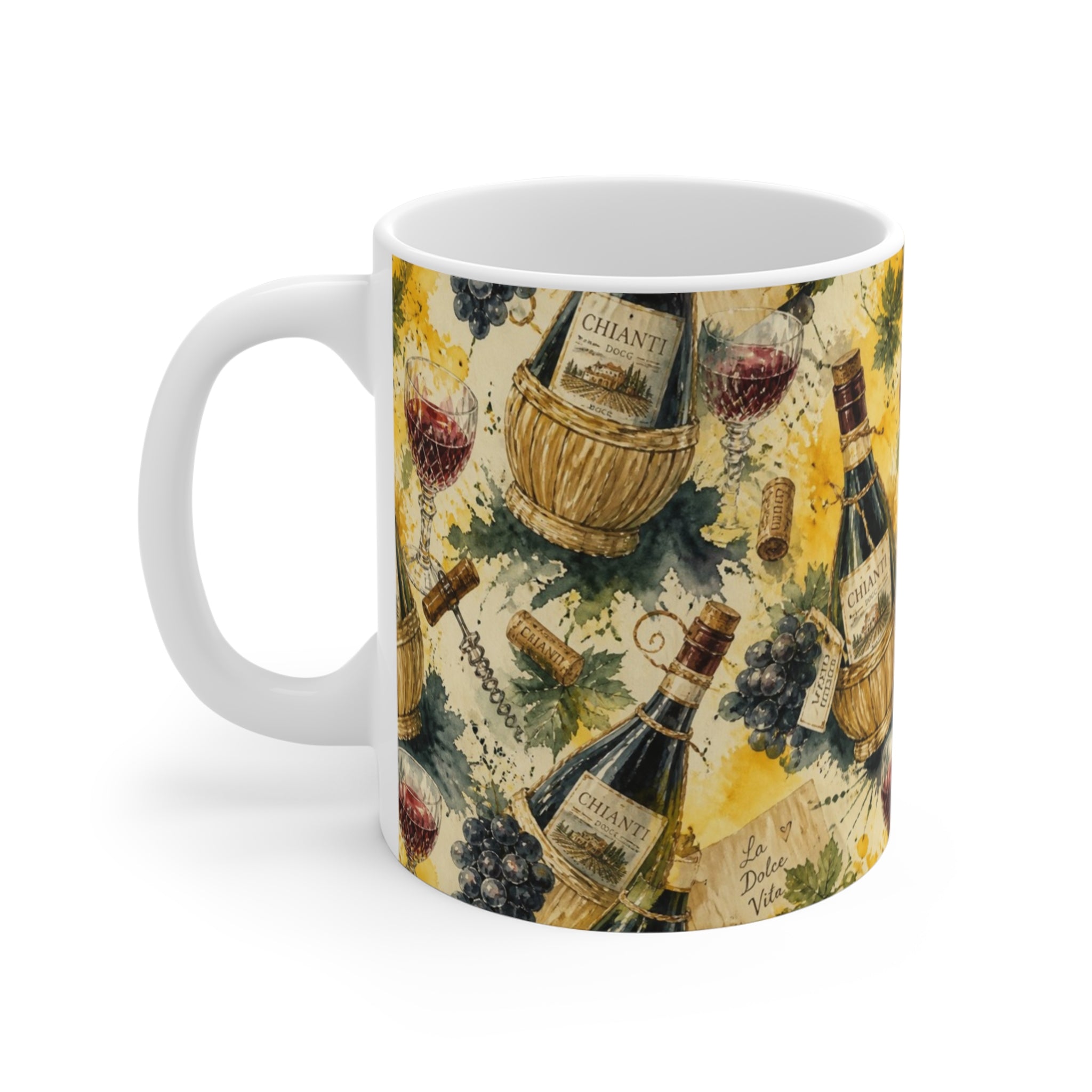 Wine Bottles & Glasses 11oz Ceramic Mug Mediterranean Kitchen Watercolor Splash Design Italian Cottagecore Gift