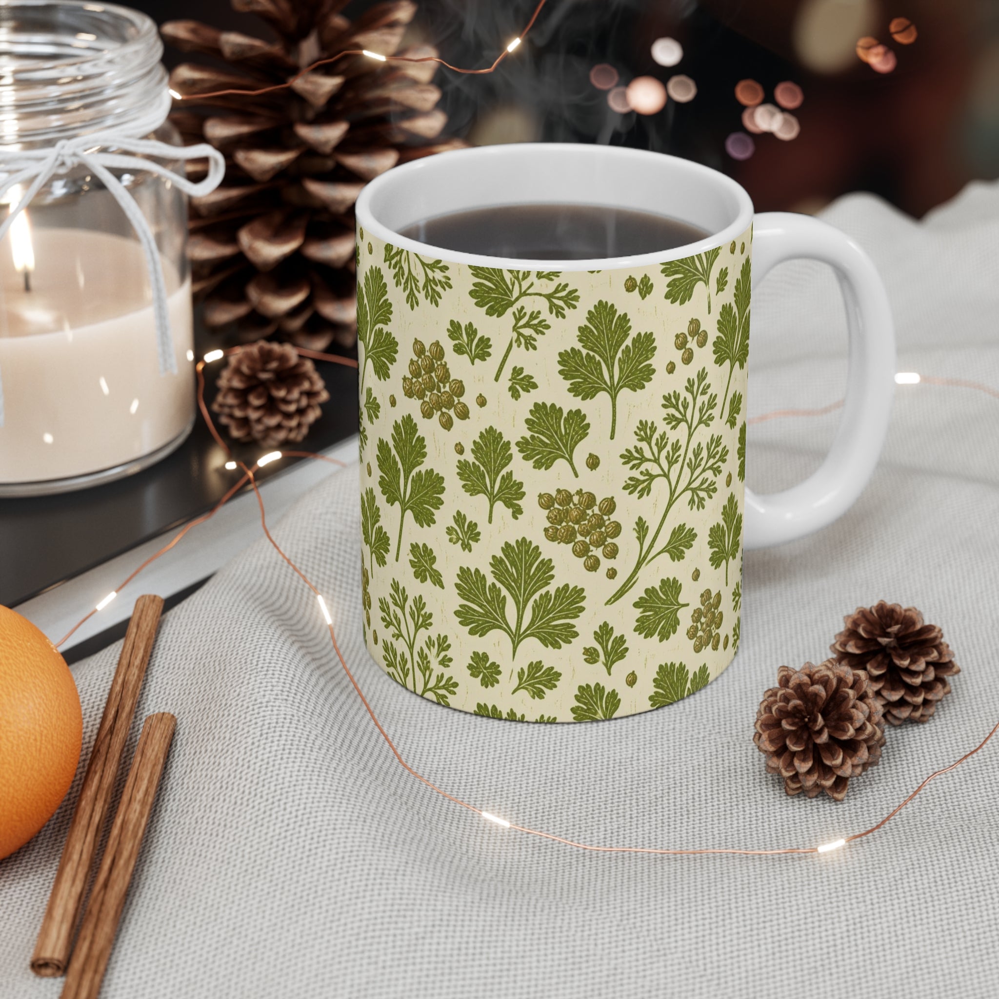 Coriander & Seeds 11oz Ceramic Mug Mediterranean Kitchen Linocut Design Italian Cottagecore Gift