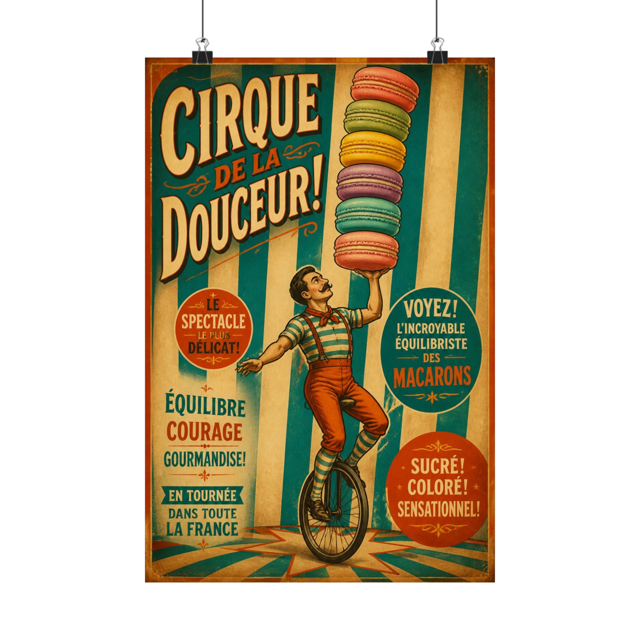 Macaron Balancing Tower Wall Art Poster 18×24 Vintage Circus Kitchen Decor Maximalist Print