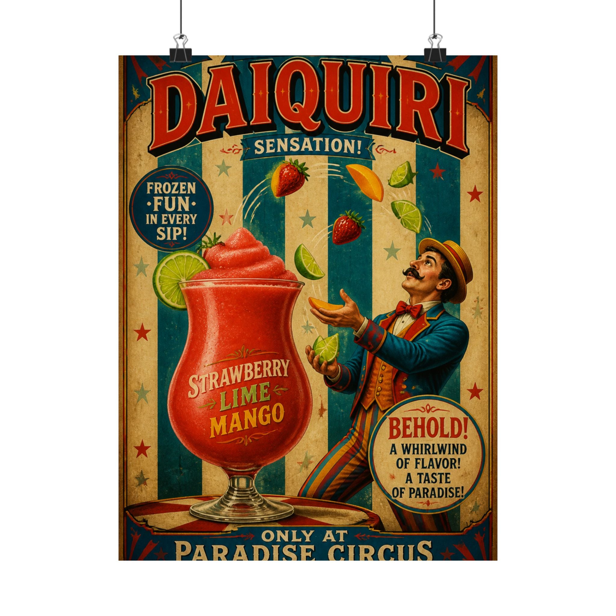 Daiquiri Fruit Juggler Wall Art Poster 24×36 Vintage Circus Bedroom Decor Maximalist Print