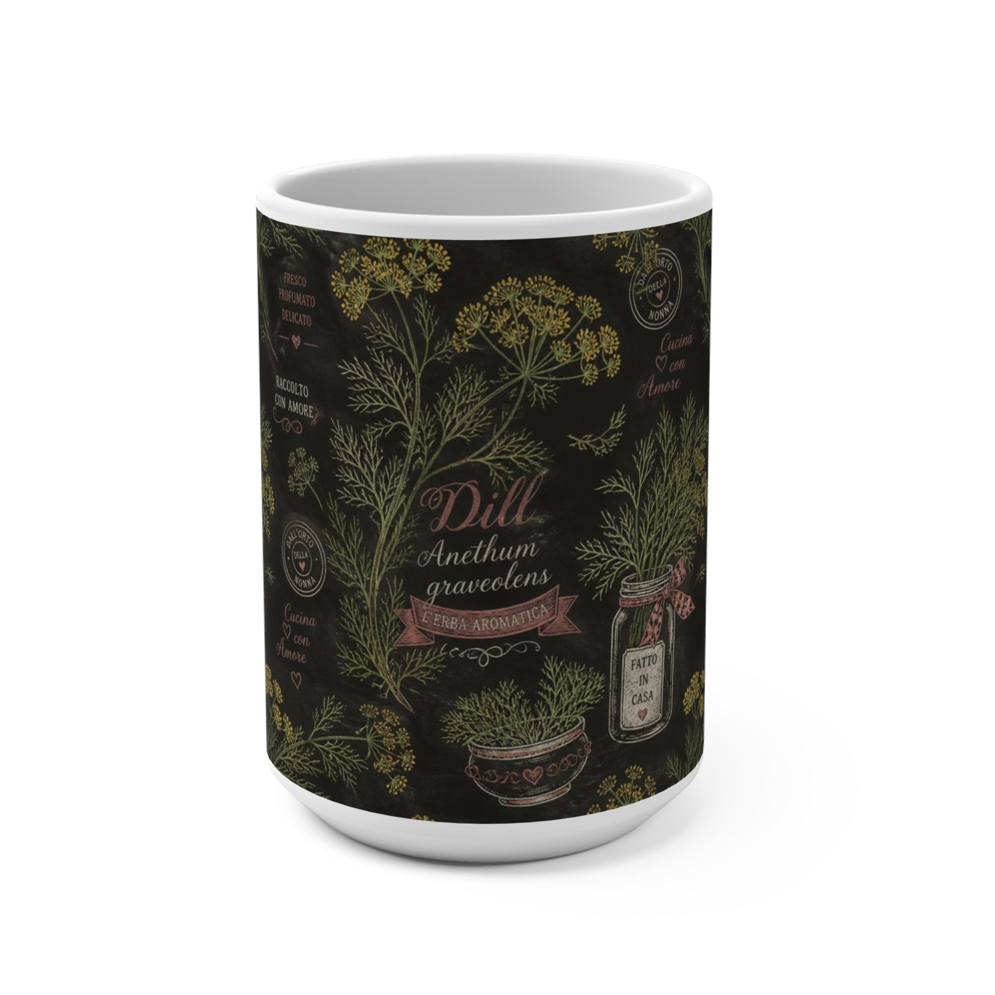 Dill Fronds 15oz Ceramic Mug Mediterranean Kitchen Chalk Art Design Italian Cottagecore Gift
