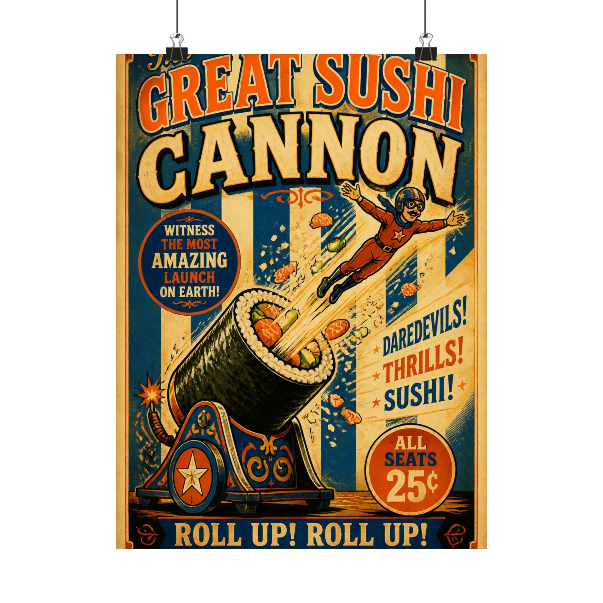 Sushi Roll Cannon Wall Art Poster 18×24 Vintage Circus Kitchen Decor Maximalist Print