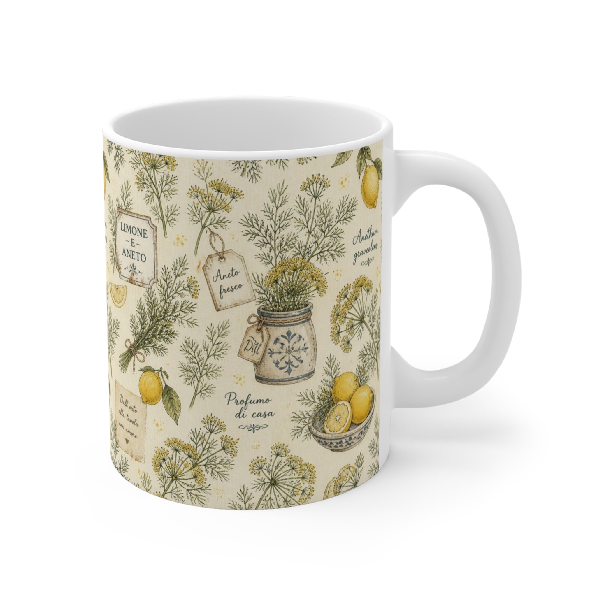 Dill Fronds 11oz Ceramic Mug Mediterranean Kitchen Watercolor Design Italian Cottagecore Gift