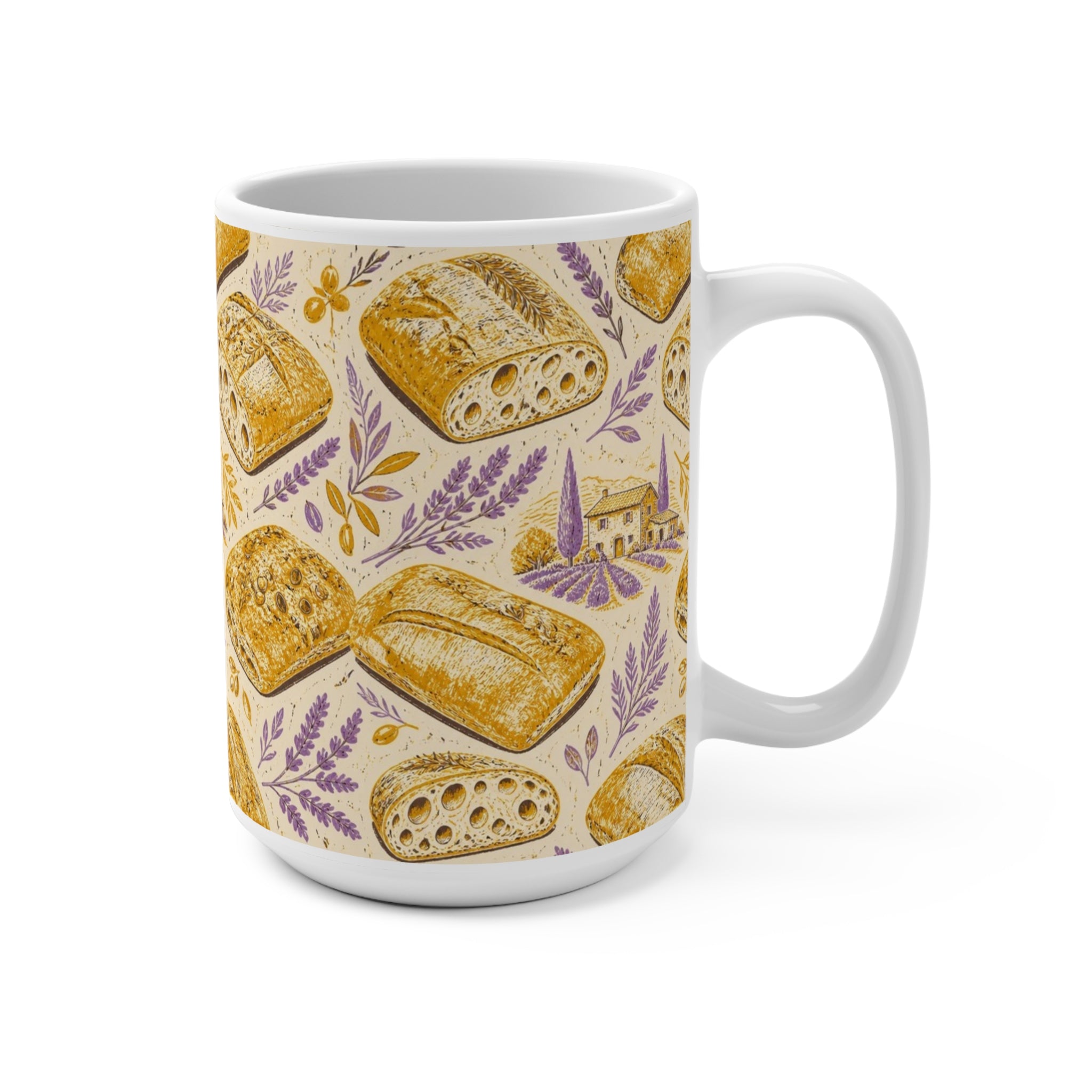 Ciabatta Rolls 15oz Ceramic Mug Mediterranean Kitchen Linocut Design Italian Cottagecore Gift