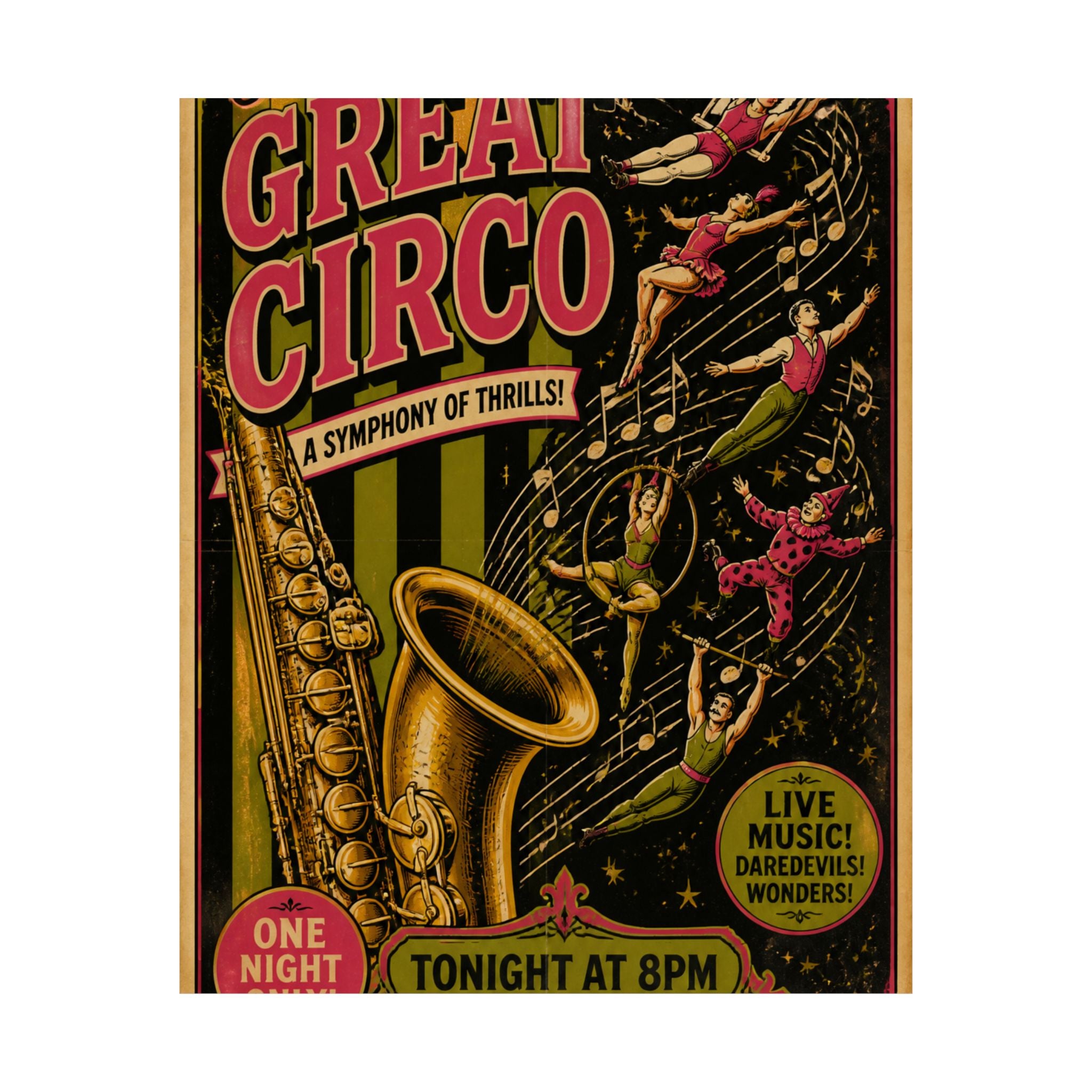 Saxophone Music Circus Wall Art Poster 24×36 Vintage Circus Bedroom Decor Maximalist Print