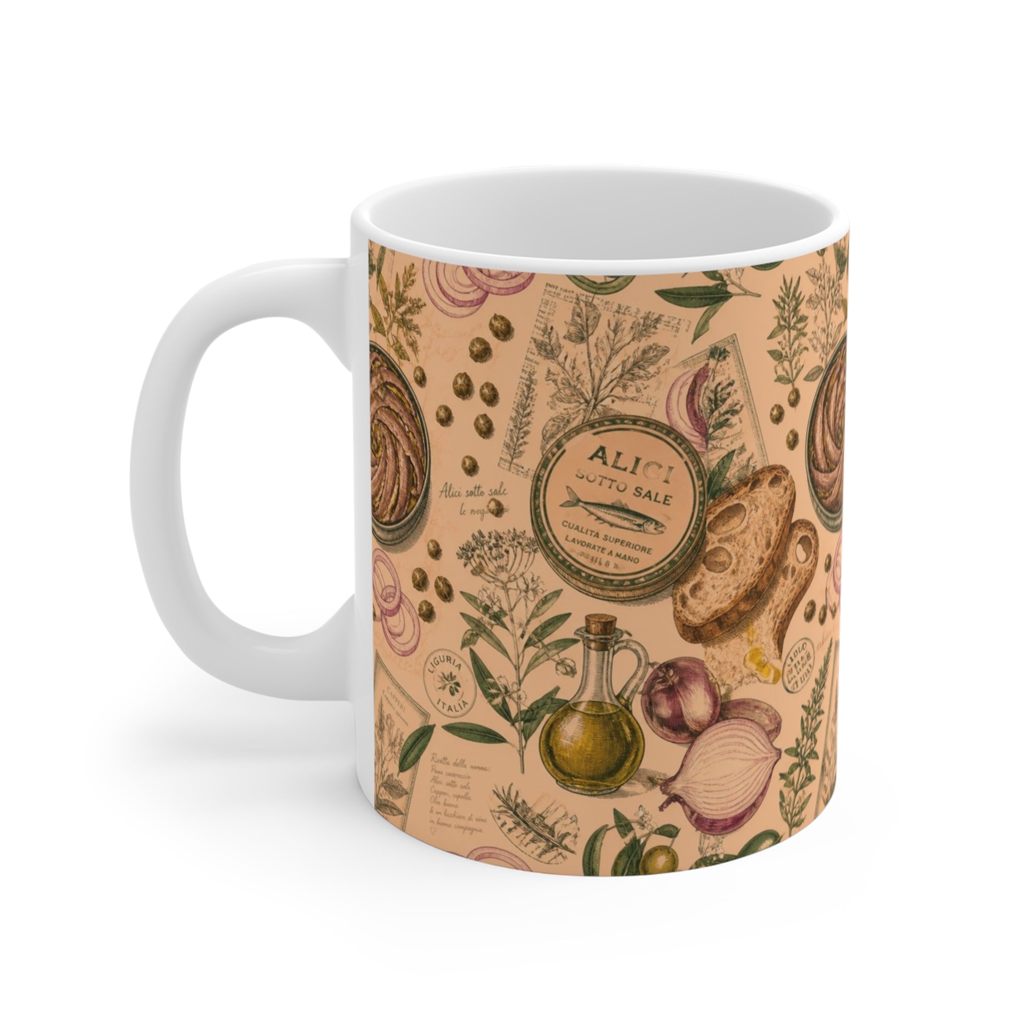 Anchovies & Capers 11oz Ceramic Mug Mediterranean Kitchen Botanical Design Italian Cottagecore Gift