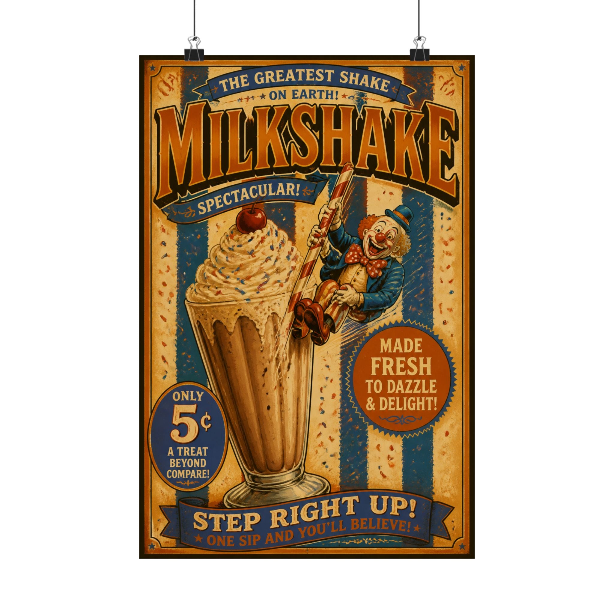 Milkshake Slide Clown Wall Art Poster 24×36 Vintage Circus Bedroom Decor Maximalist Print
