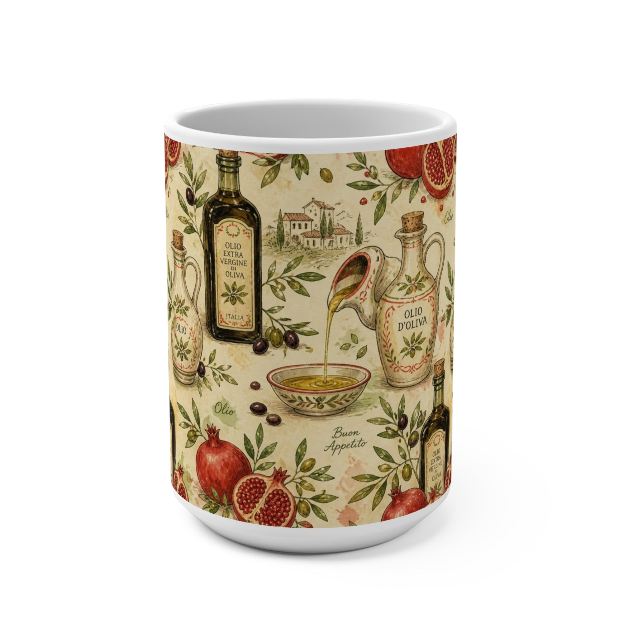 Olive Oil Bottles 15oz Ceramic Mug Mediterranean Kitchen Watercolor Design Italian Cottagecore Gift