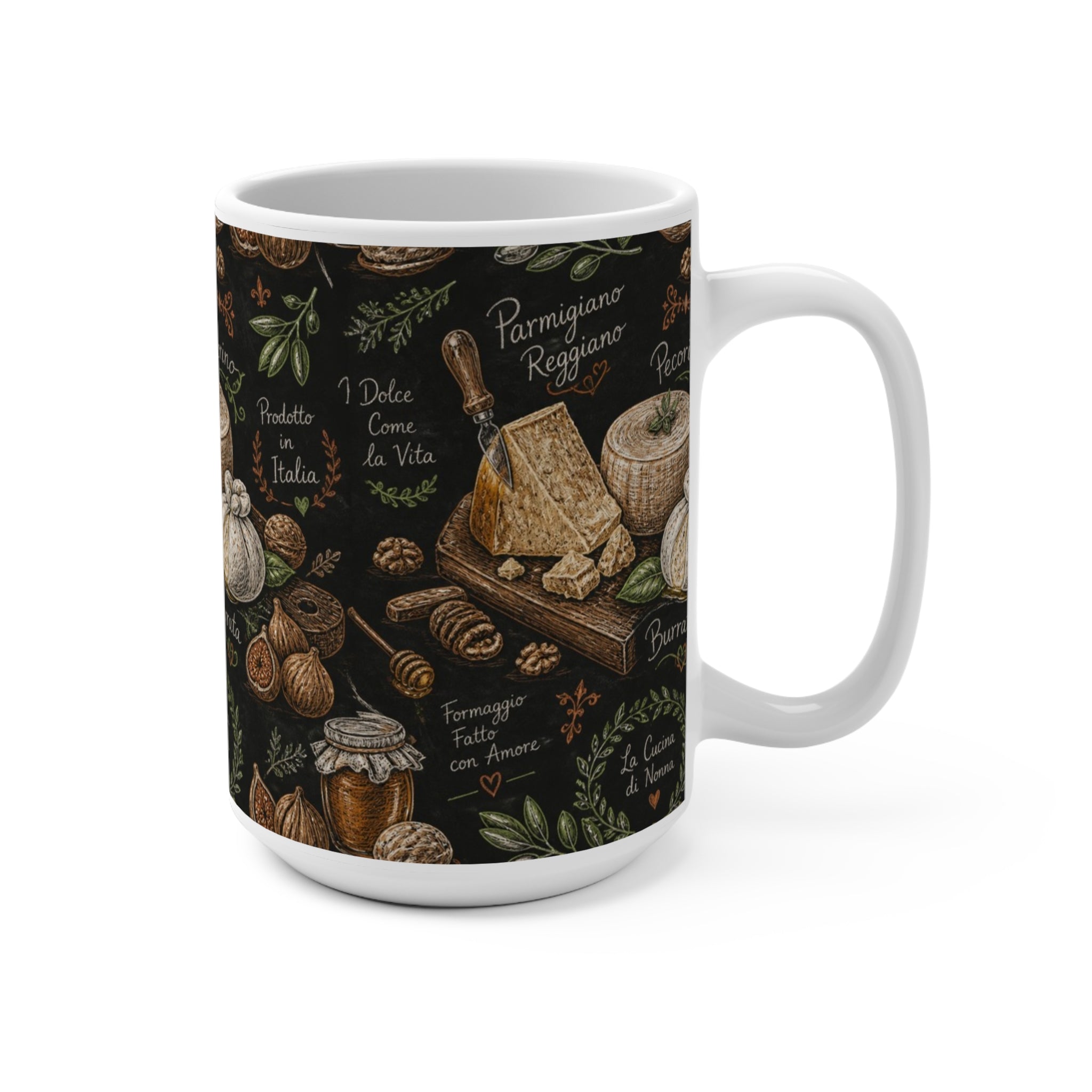 Italian Cheese Board 15oz Ceramic Mug Mediterranean Kitchen Chalk Art Design Italian Cottagecore Gift