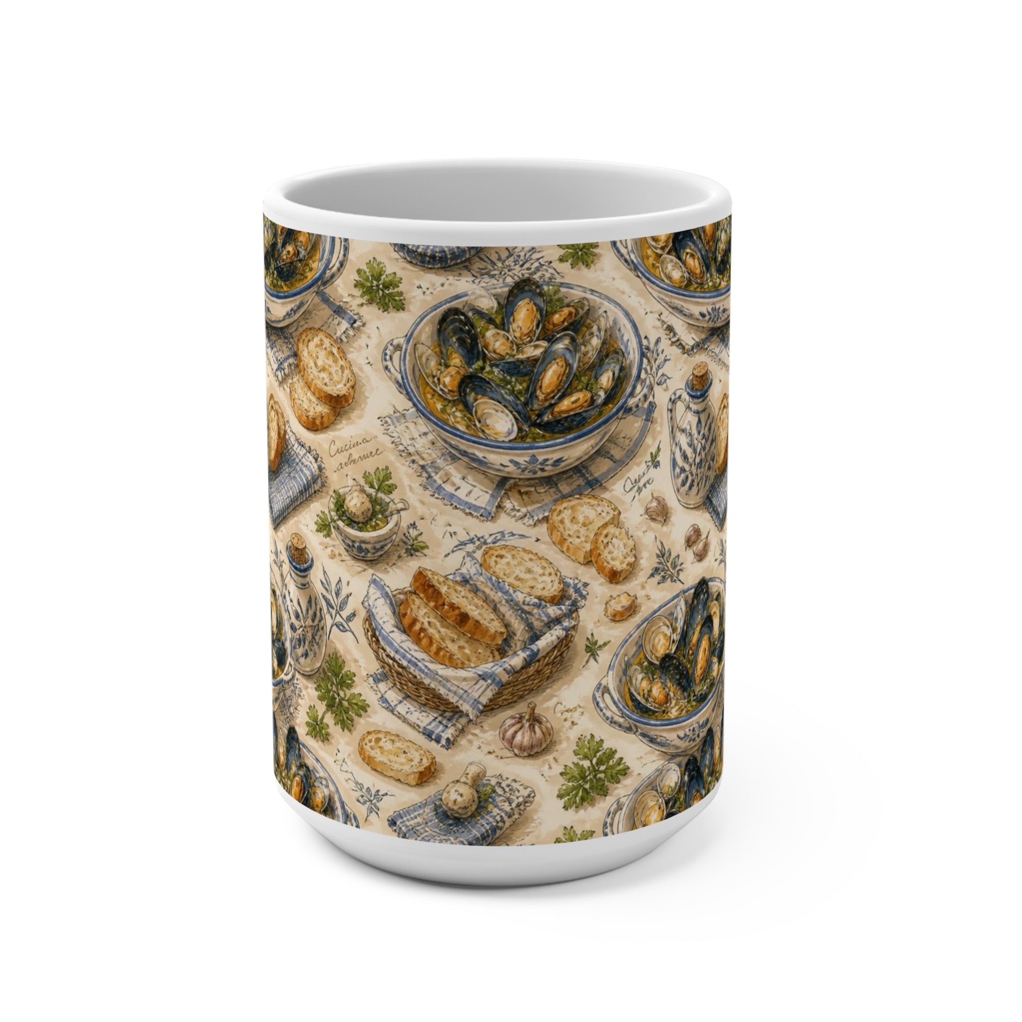 Mussels & Clams 15oz Ceramic Mug Mediterranean Kitchen Watercolor Design Italian Cottagecore Gift