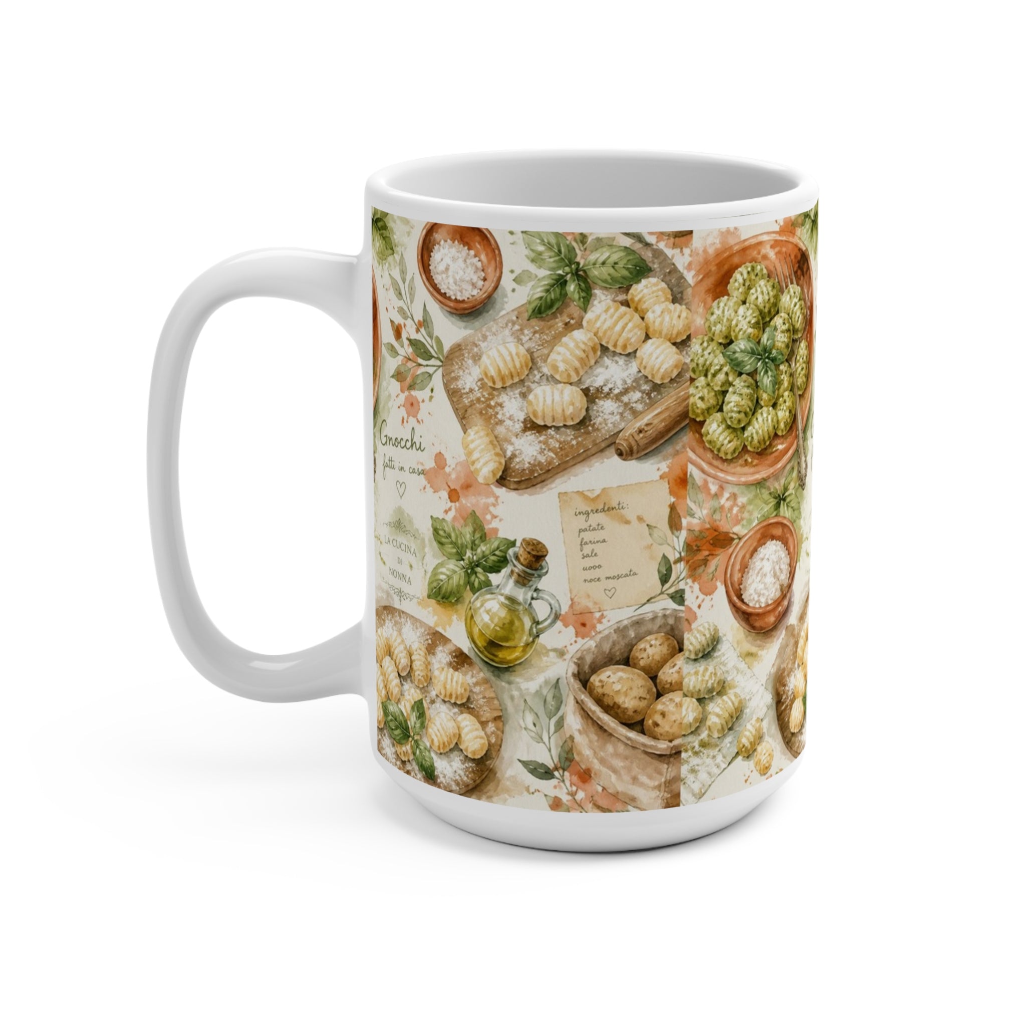 Potato Gnocchi 15oz Ceramic Mug Mediterranean Kitchen Watercolor Splash Design Italian Cottagecore Gift