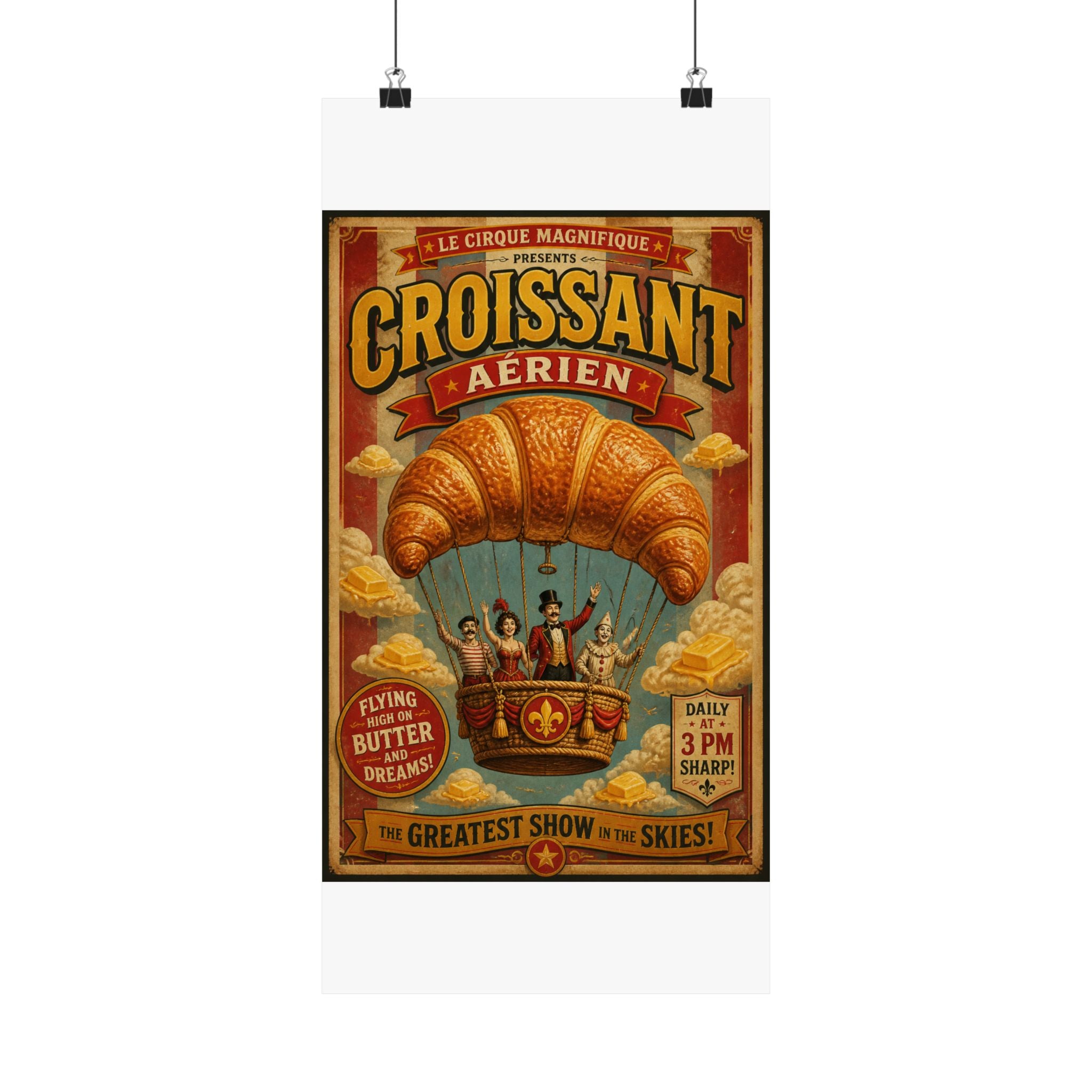 Croissant Hot Air Balloon Wall Art Poster 18×24 Vintage Circus Kitchen Decor Maximalist Print