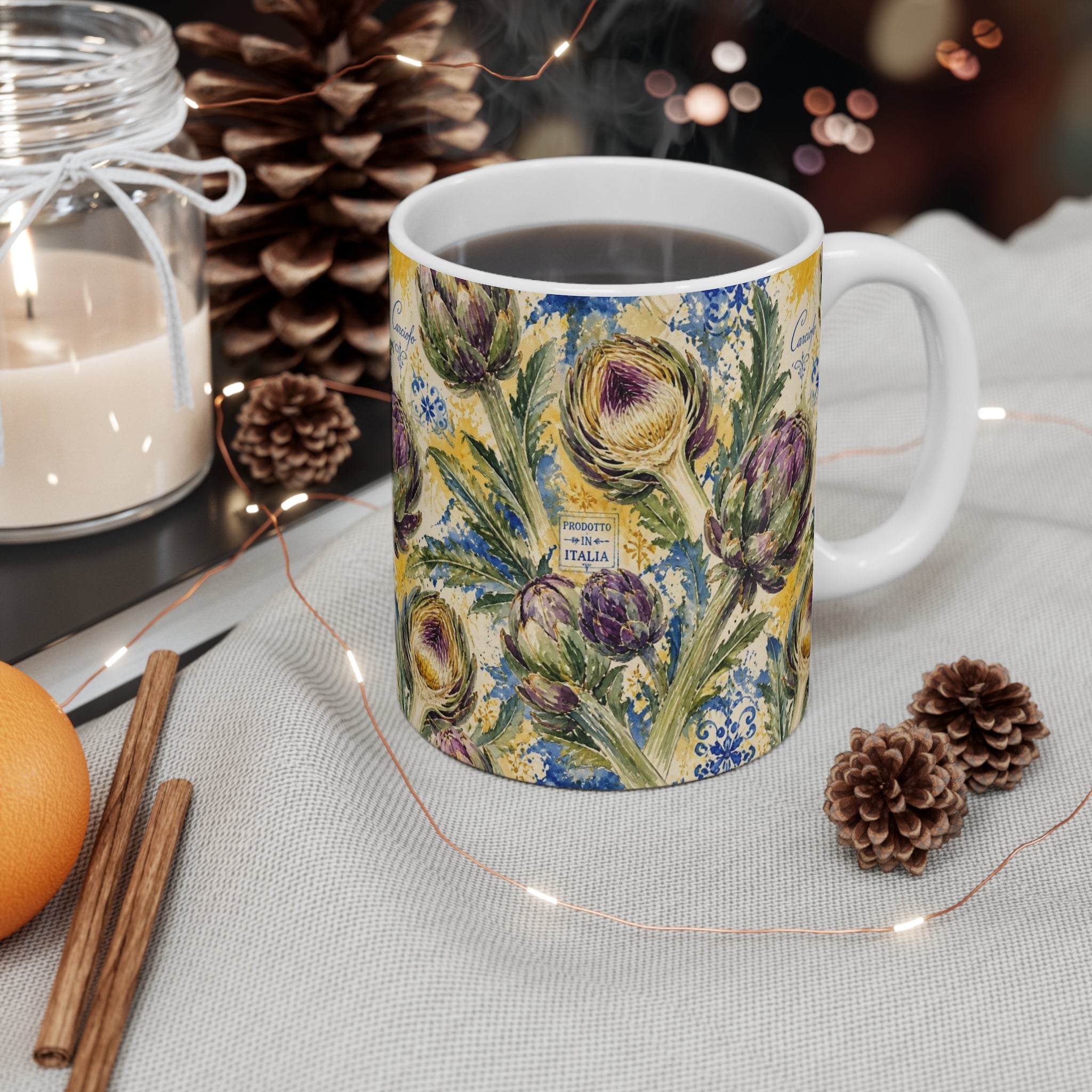 Globe Artichokes 11oz Ceramic Mug Mediterranean Kitchen Watercolor Splash Design Italian Cottagecore Gift