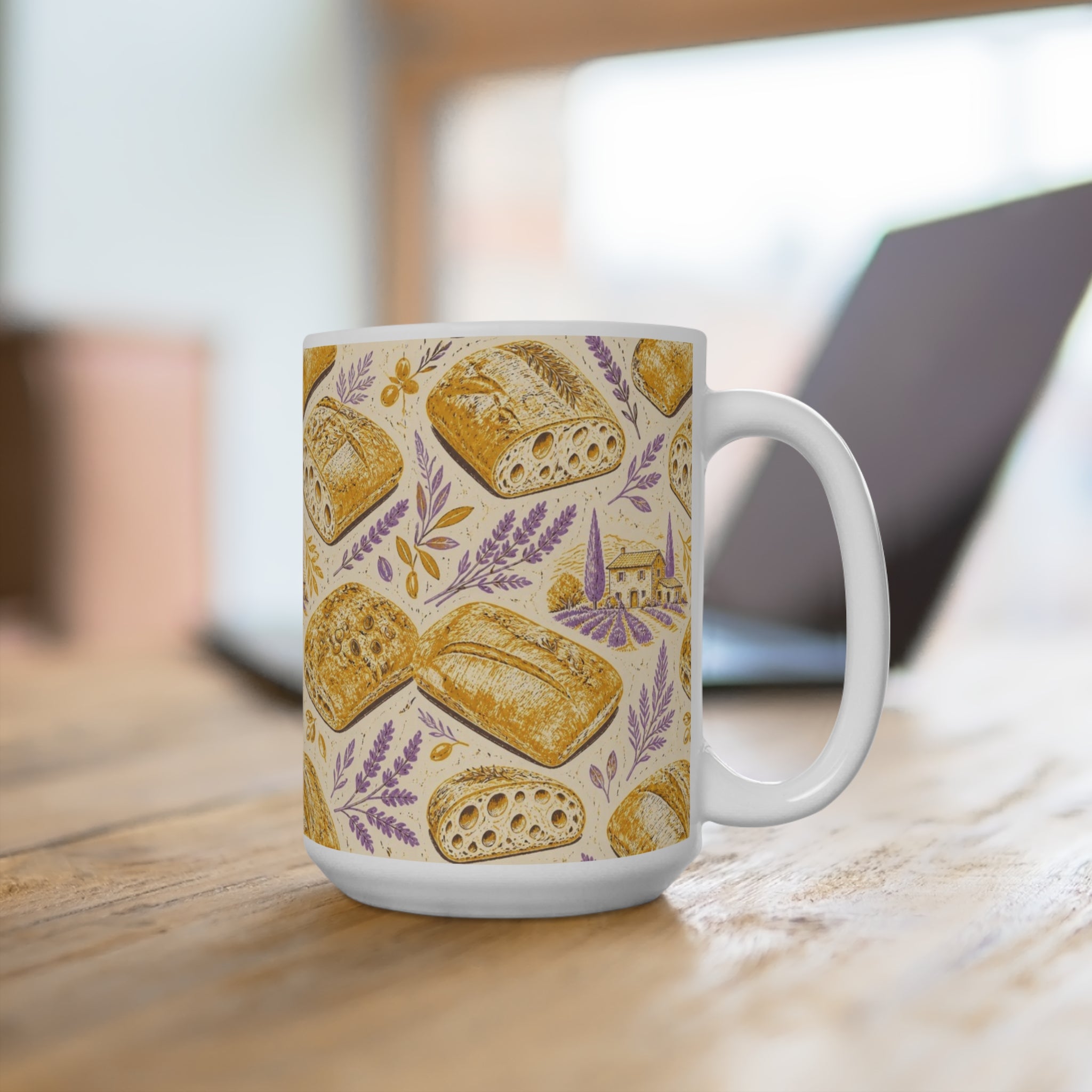 Ciabatta Rolls 15oz Ceramic Mug Mediterranean Kitchen Linocut Design Italian Cottagecore Gift