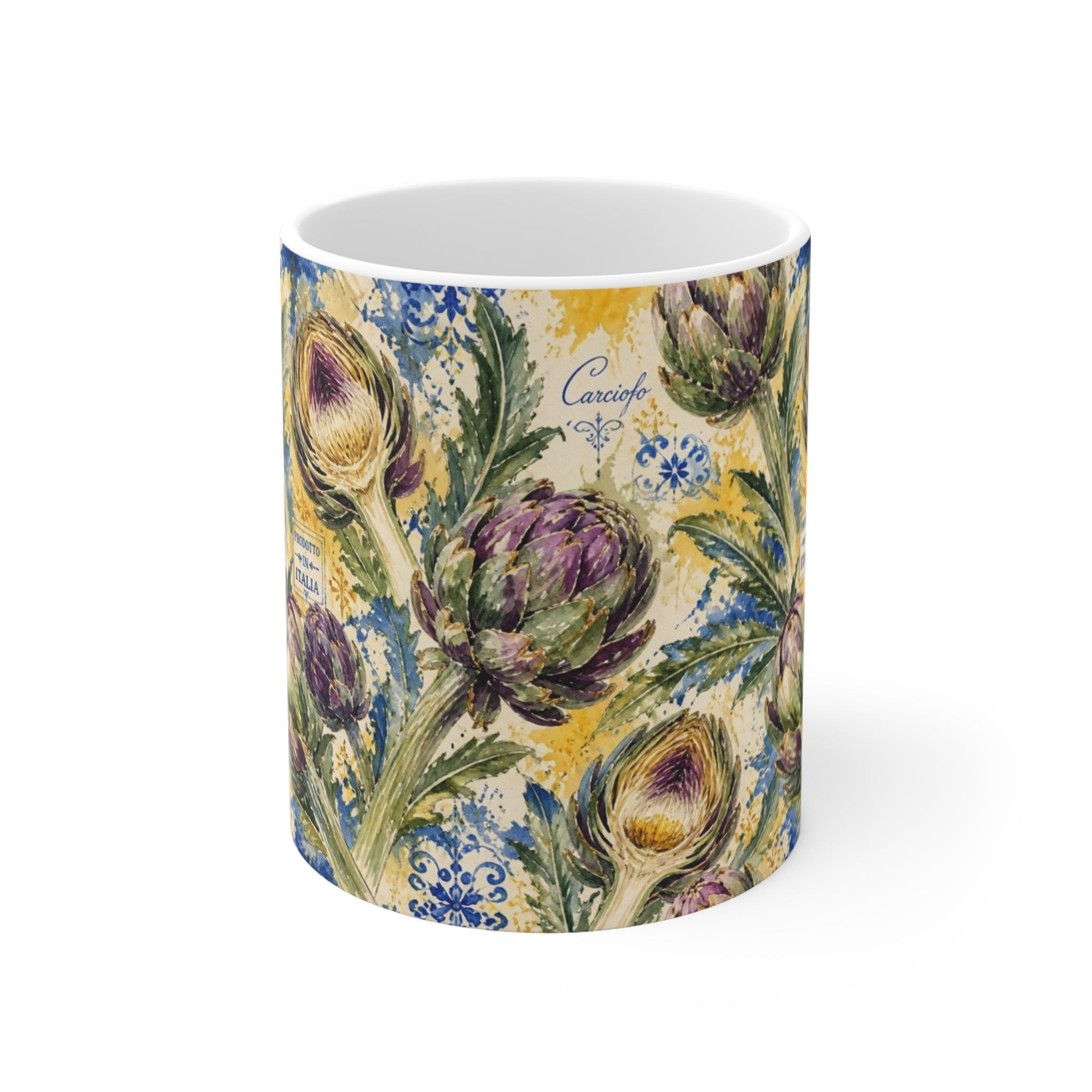 Globe Artichokes 11oz Ceramic Mug Mediterranean Kitchen Watercolor Splash Design Italian Cottagecore Gift