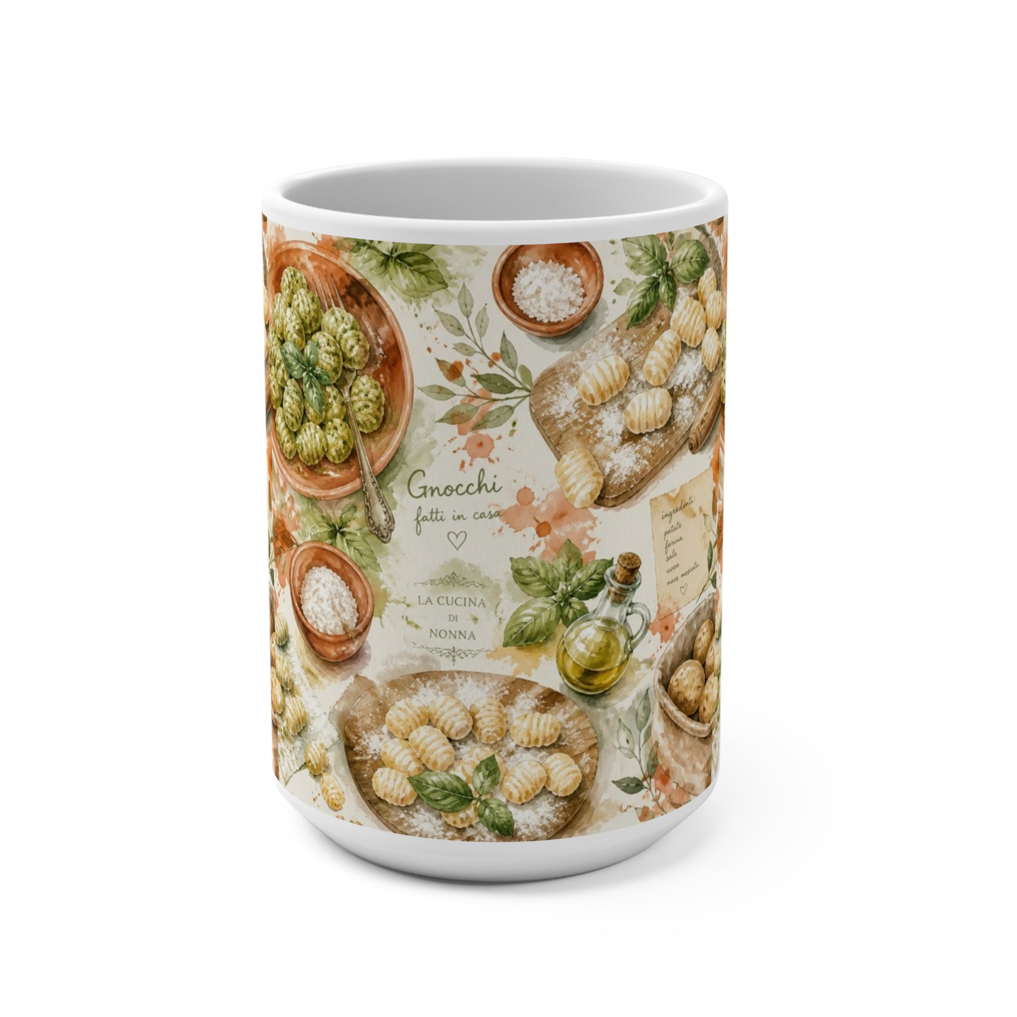 Potato Gnocchi 15oz Ceramic Mug Mediterranean Kitchen Watercolor Splash Design Italian Cottagecore Gift