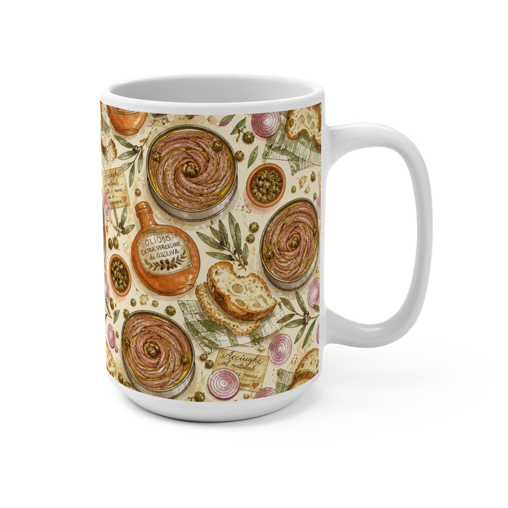 Anchovies & Capers 15oz Ceramic Mug Mediterranean Kitchen Watercolor Design Italian Cottagecore Gift