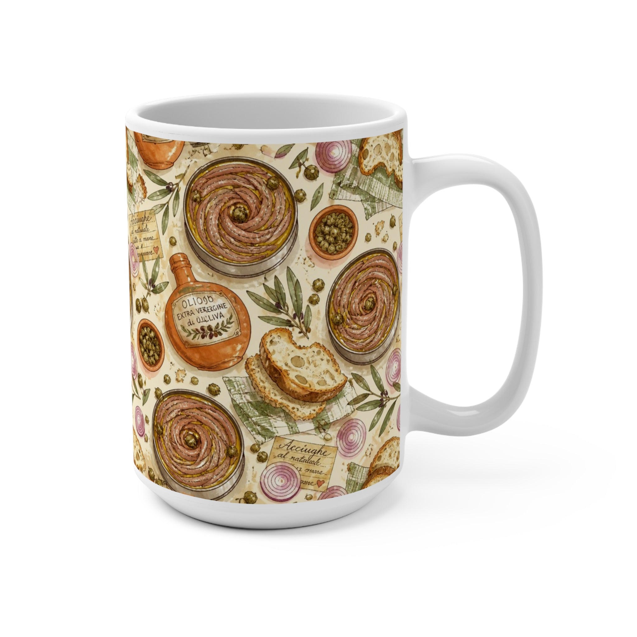 Anchovies & Capers 15oz Ceramic Mug Mediterranean Kitchen Watercolor Design Italian Cottagecore Gift