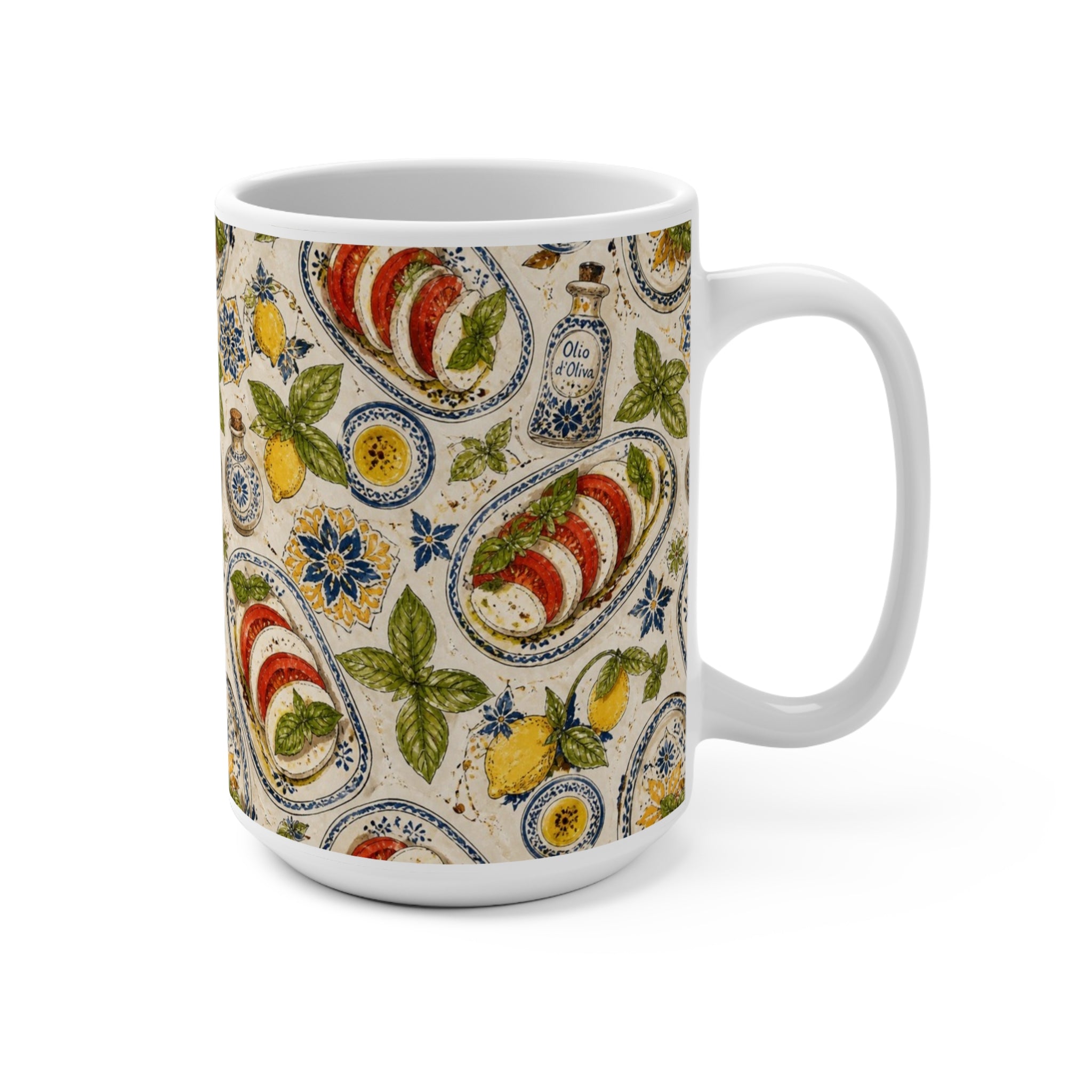 Caprese Arrangement 15oz Ceramic Mug Mediterranean Kitchen Watercolor Design Italian Cottagecore Gift