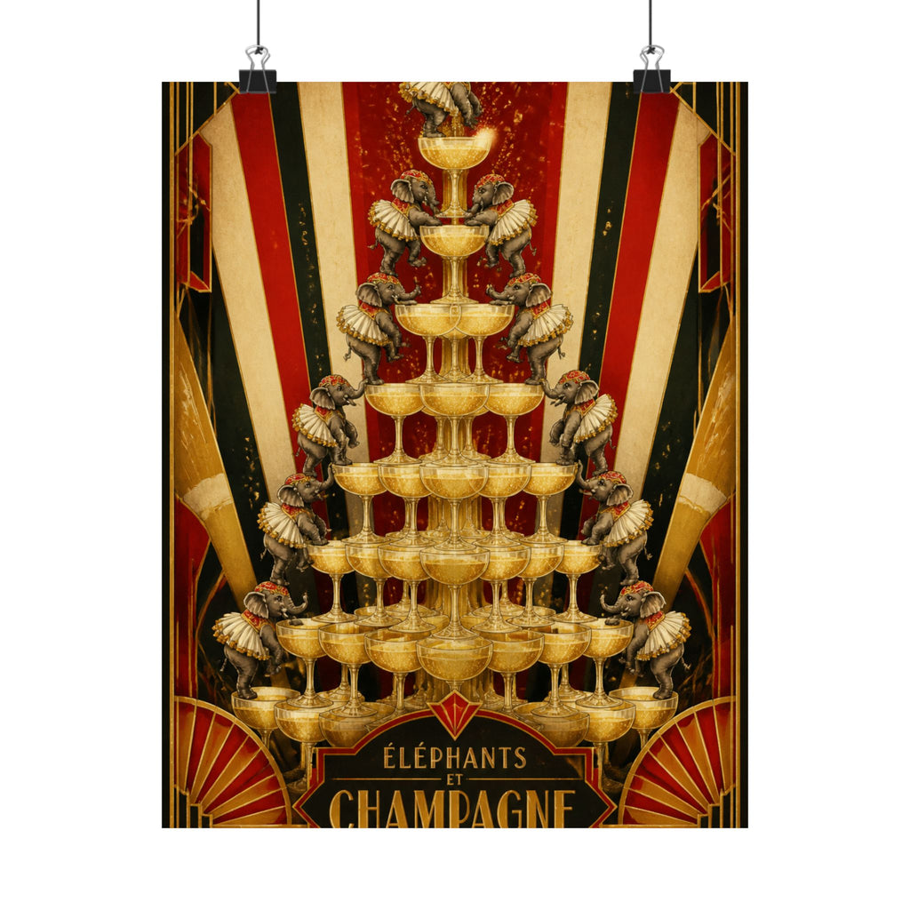 Champagne Tower Elephants Wall Art Poster 24×36 Art Deco Bar Area Decor Maximalist Print