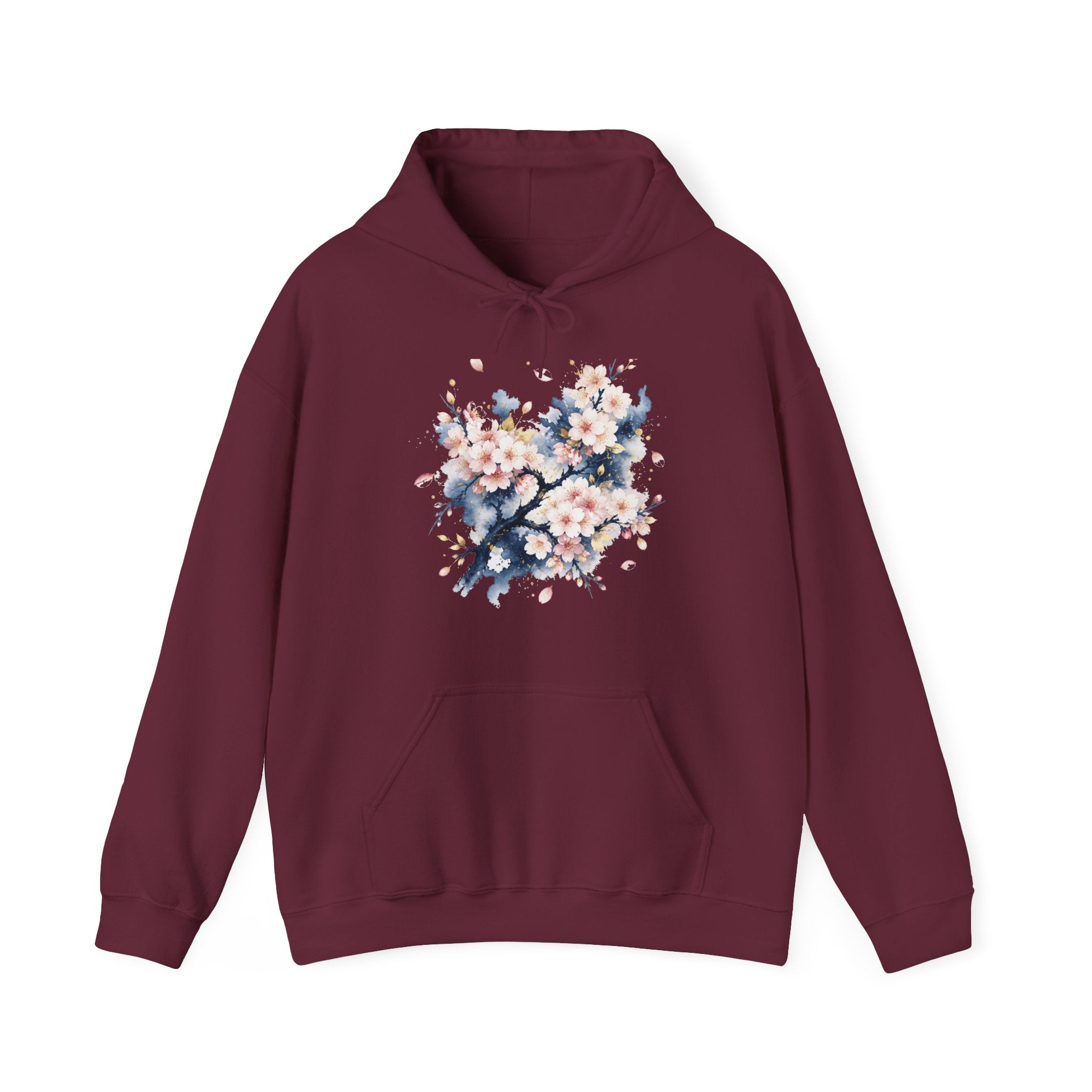 Matching Couple Sweatshirt - Cherry Blossom & Maple Leaf Matching Couple Hooded Sweatshirt Watercolor Art His Hers Engagement Gift - Design A