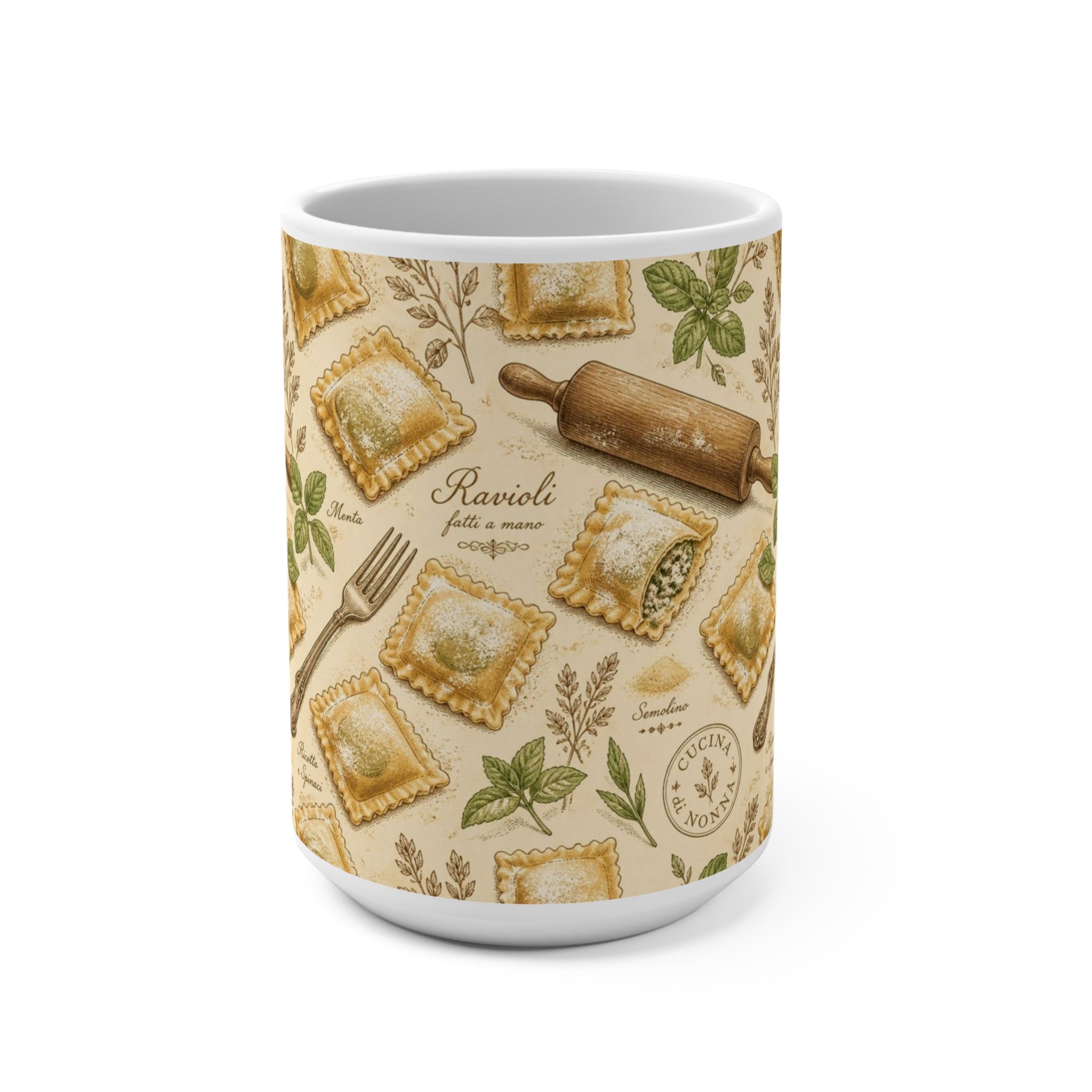 Fresh Ravioli 15oz Ceramic Mug Mediterranean Kitchen Botanical Design Italian Cottagecore Gift