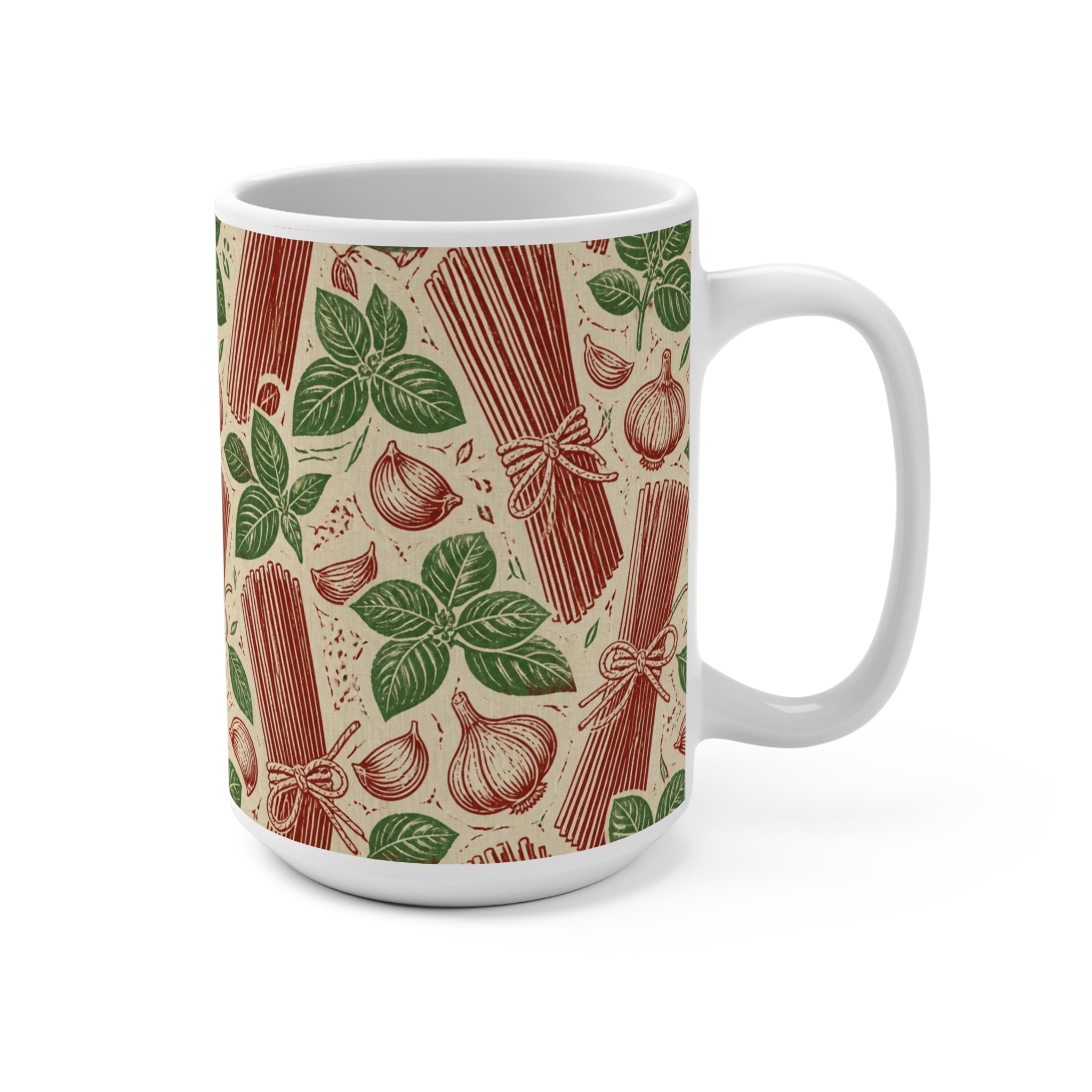 Spaghetti Bundle 15oz Ceramic Mug Mediterranean Kitchen Linocut Design Italian Cottagecore Gift