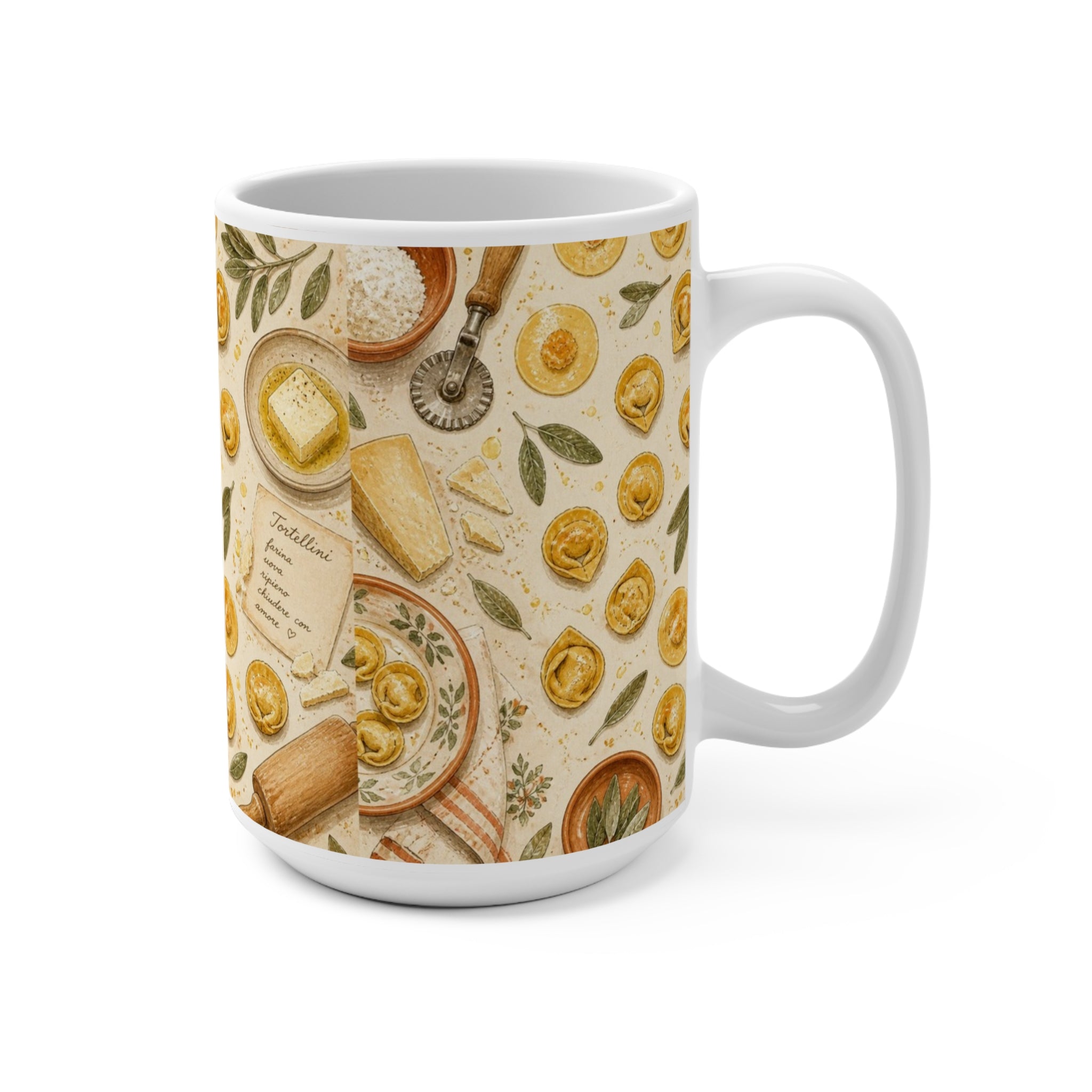 Tortellini with Sage 15oz Ceramic Mug Mediterranean Kitchen Watercolor Design Italian Cottagecore Gift