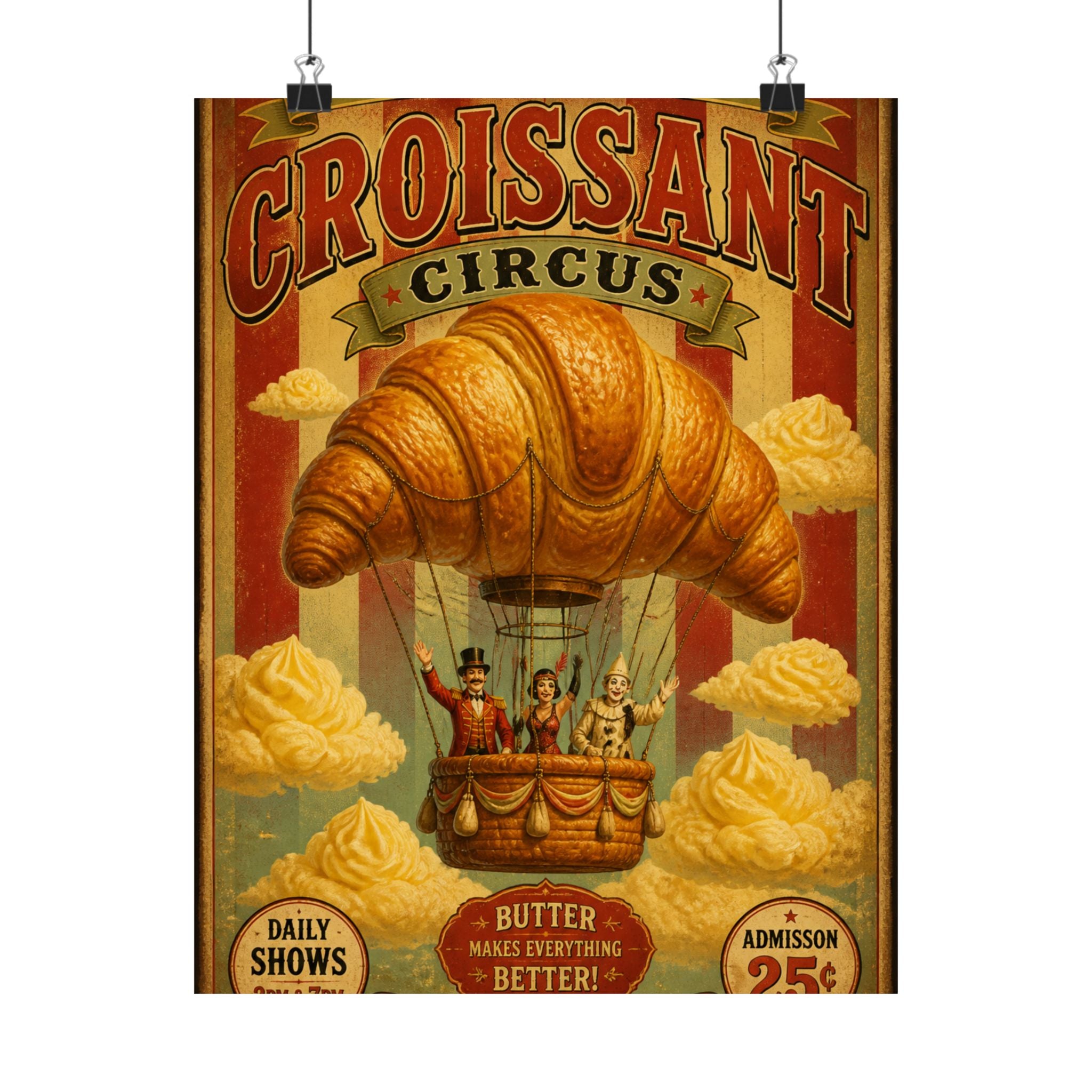 Croissant Hot Air Balloon Wall Art Poster 24×36 Vintage Circus Bedroom Decor Maximalist Print