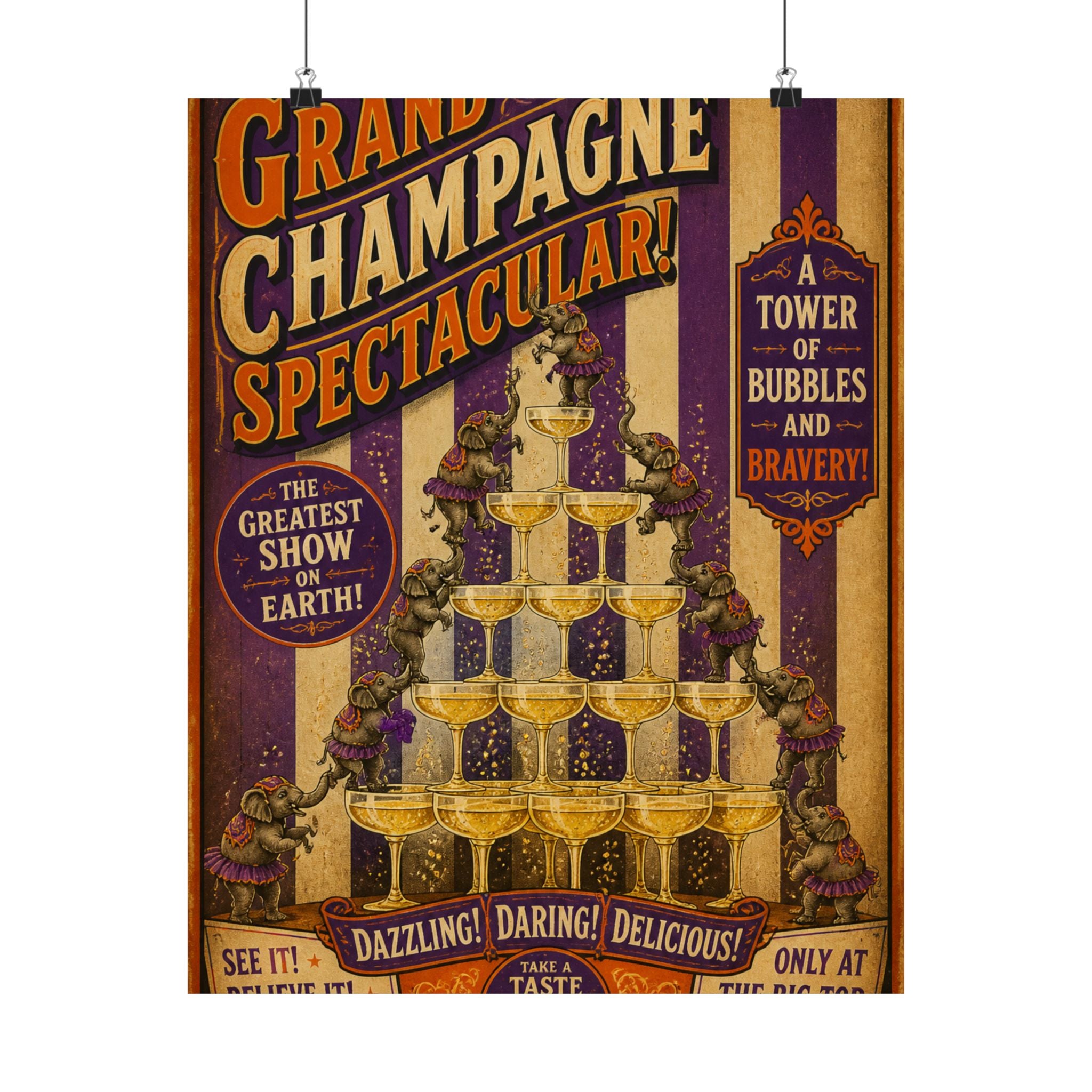 Champagne Tower Elephants Wall Art Poster 24×36 Vintage Circus Bedroom Decor Maximalist Print