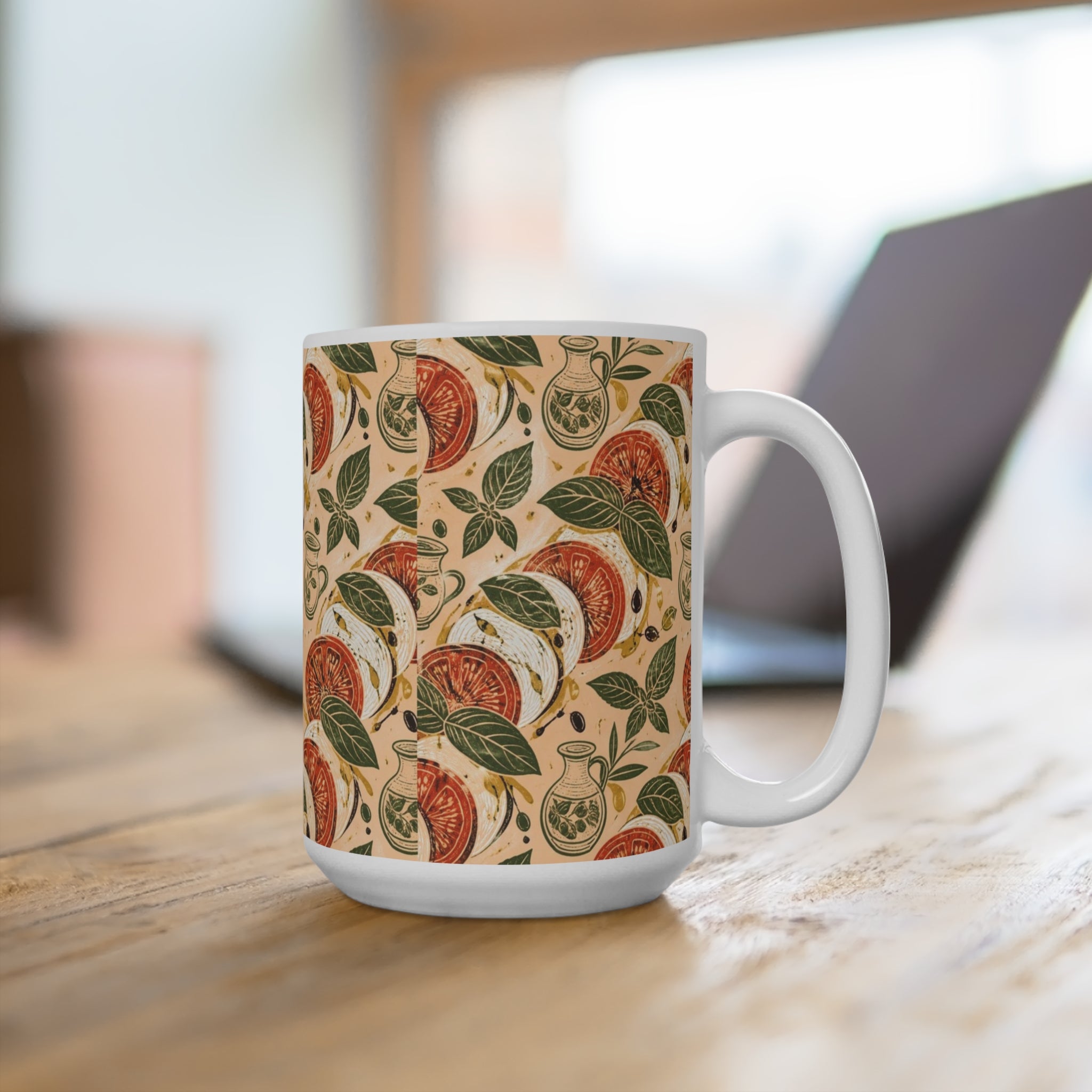 Caprese Arrangement 15oz Ceramic Mug Mediterranean Kitchen Linocut Design Italian Cottagecore Gift