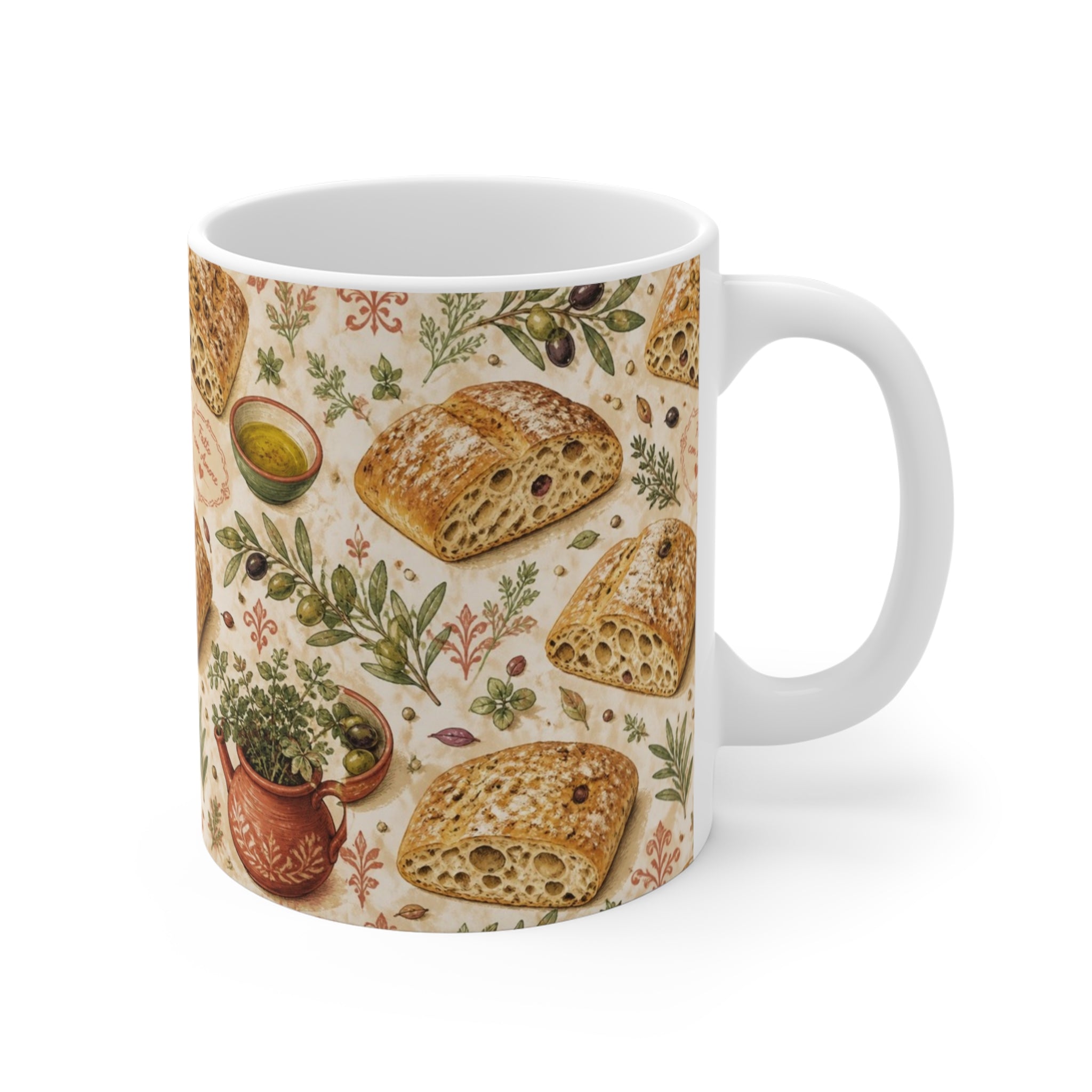 Ciabatta Rolls 11oz Ceramic Mug Mediterranean Kitchen Watercolor Design Italian Cottagecore Gift