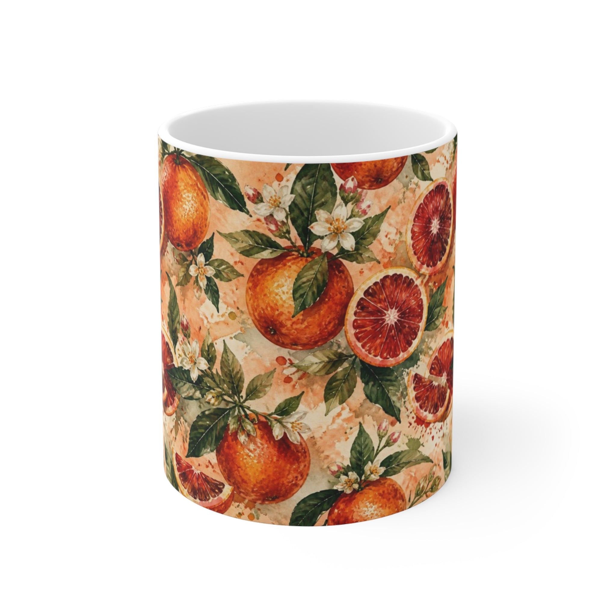 Blood Oranges 11oz Ceramic Mug Mediterranean Kitchen Watercolor Splash Design Italian Cottagecore Gift