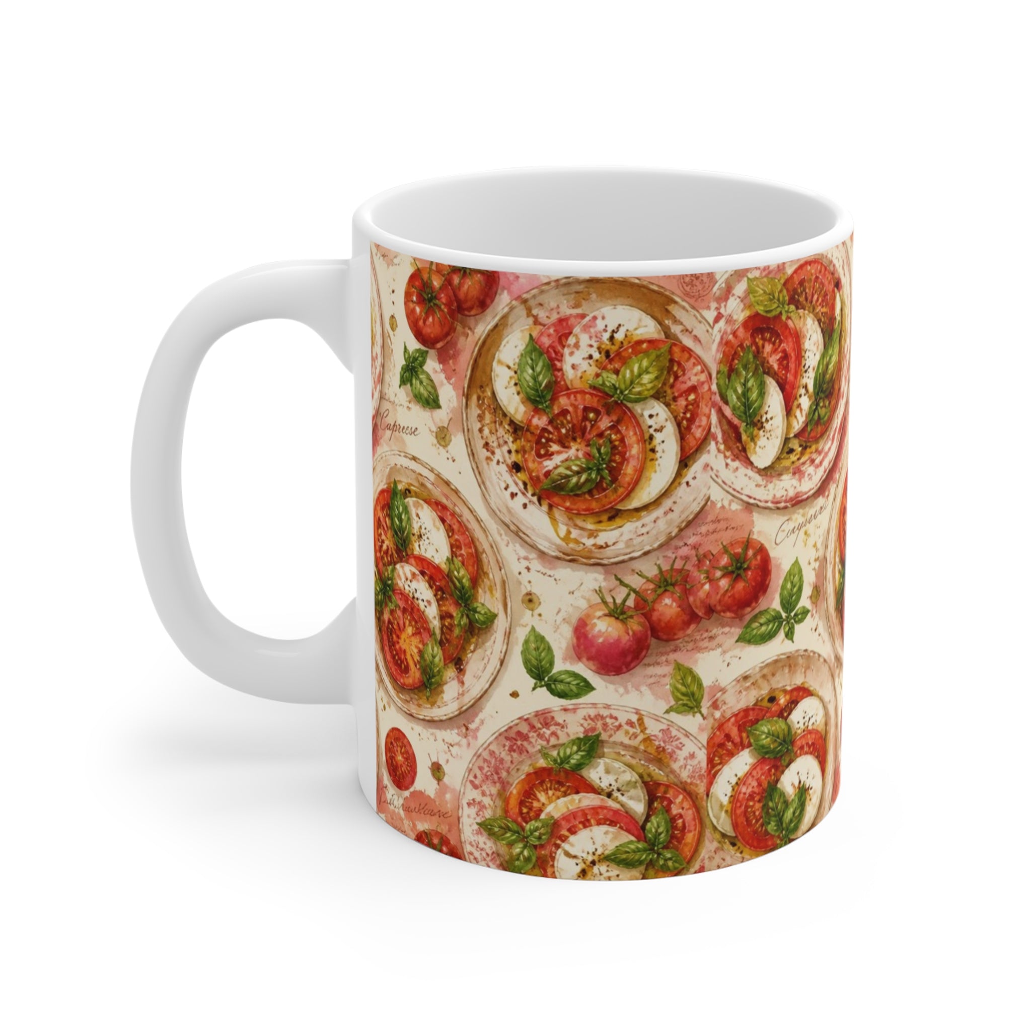 Caprese Arrangement 11oz Ceramic Mug Mediterranean Kitchen Watercolor Splash Design Italian Cottagecore Gift