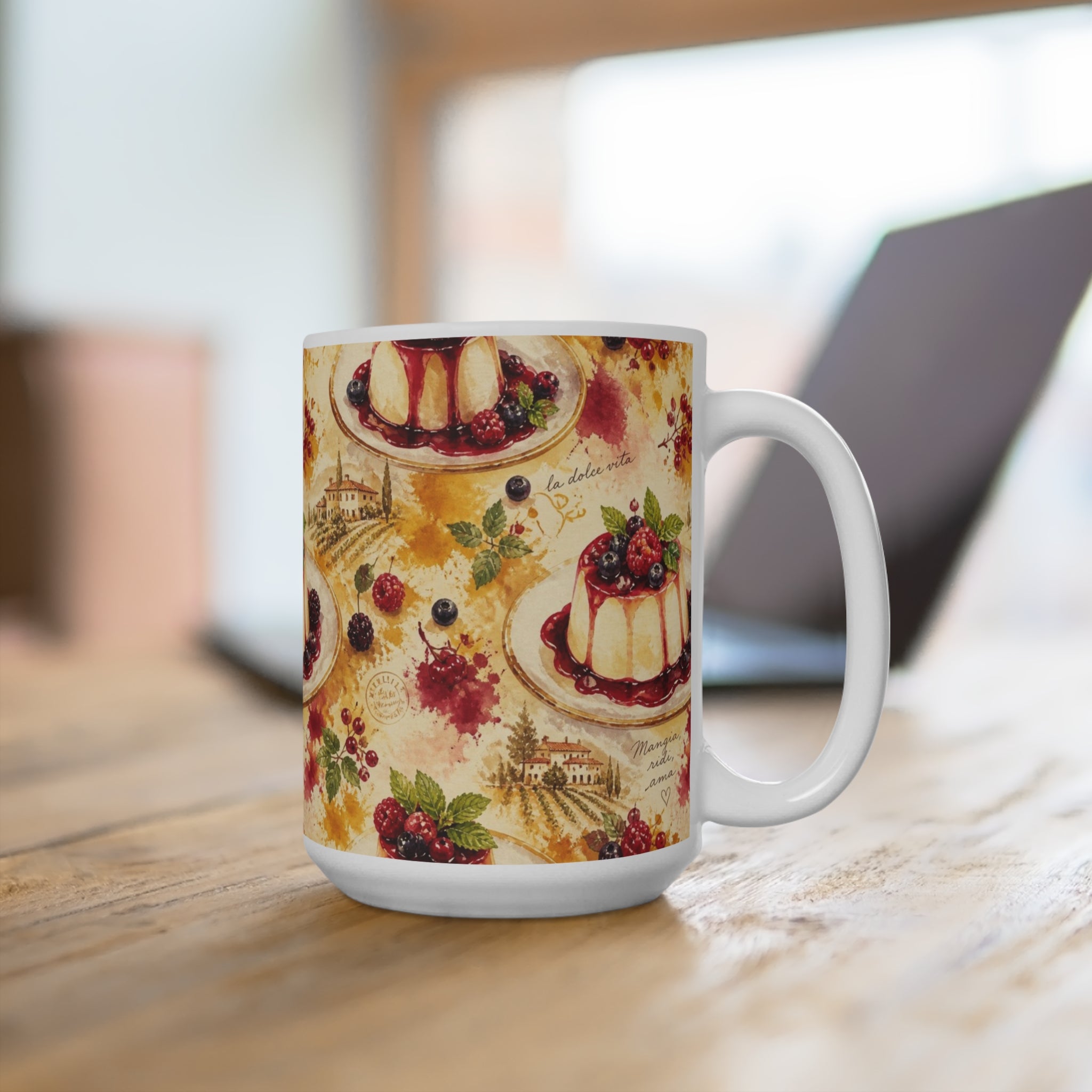 Panna Cotta 15oz Ceramic Mug Mediterranean Kitchen Watercolor Splash Design Italian Cottagecore Gift